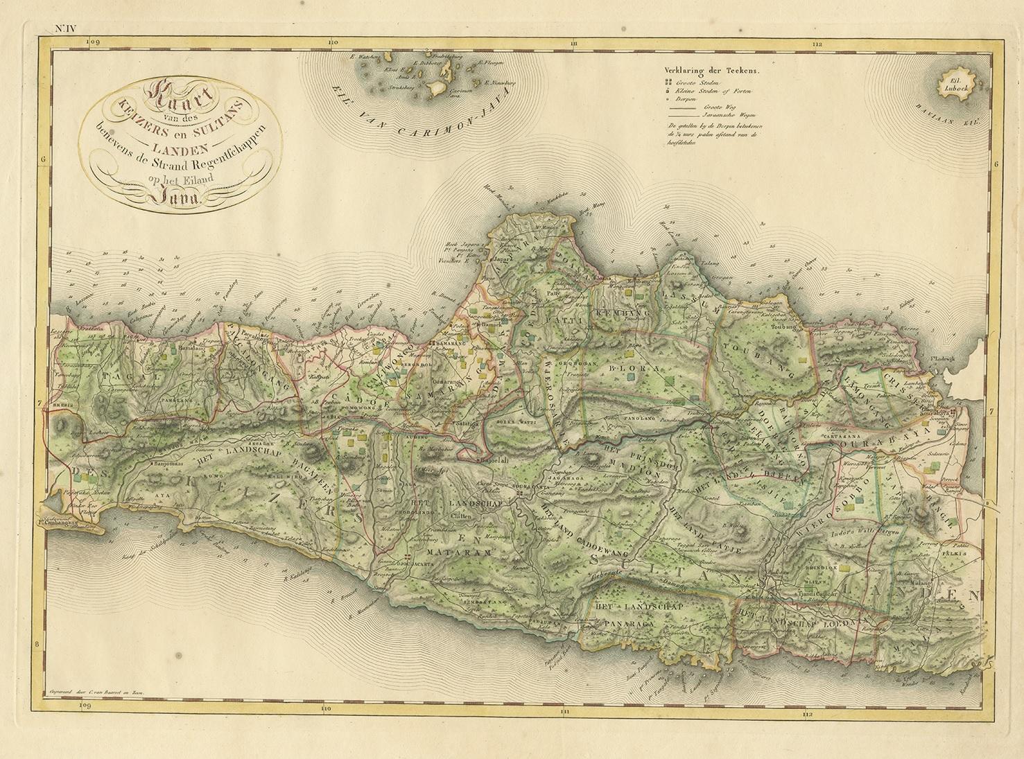 Antique map titled 'Kaart van de Keizers en Sultans Landen benevens de Strand Regentschappen op het Eiland Java'. Map of three central and easterly provinces of the island of Java. One of 12 maps from 'Atlas van Overzeesche bezittingen' (Atlas of