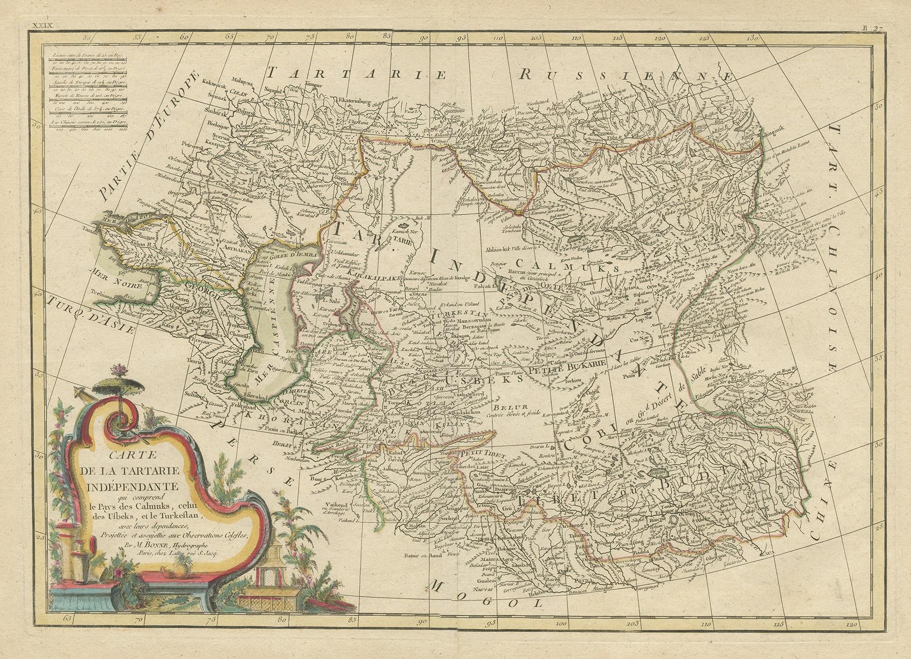 Antique map titled 'Carte de la Tartarie Indépendante'. Detailed map of Central Asia, from the Black and Caspian Seas to Tibet, Bhutan and the Elut regions, centered on Usbekistan. This map originates from 'Atlas Moderne' by Jean Lattre. Drawn by R.