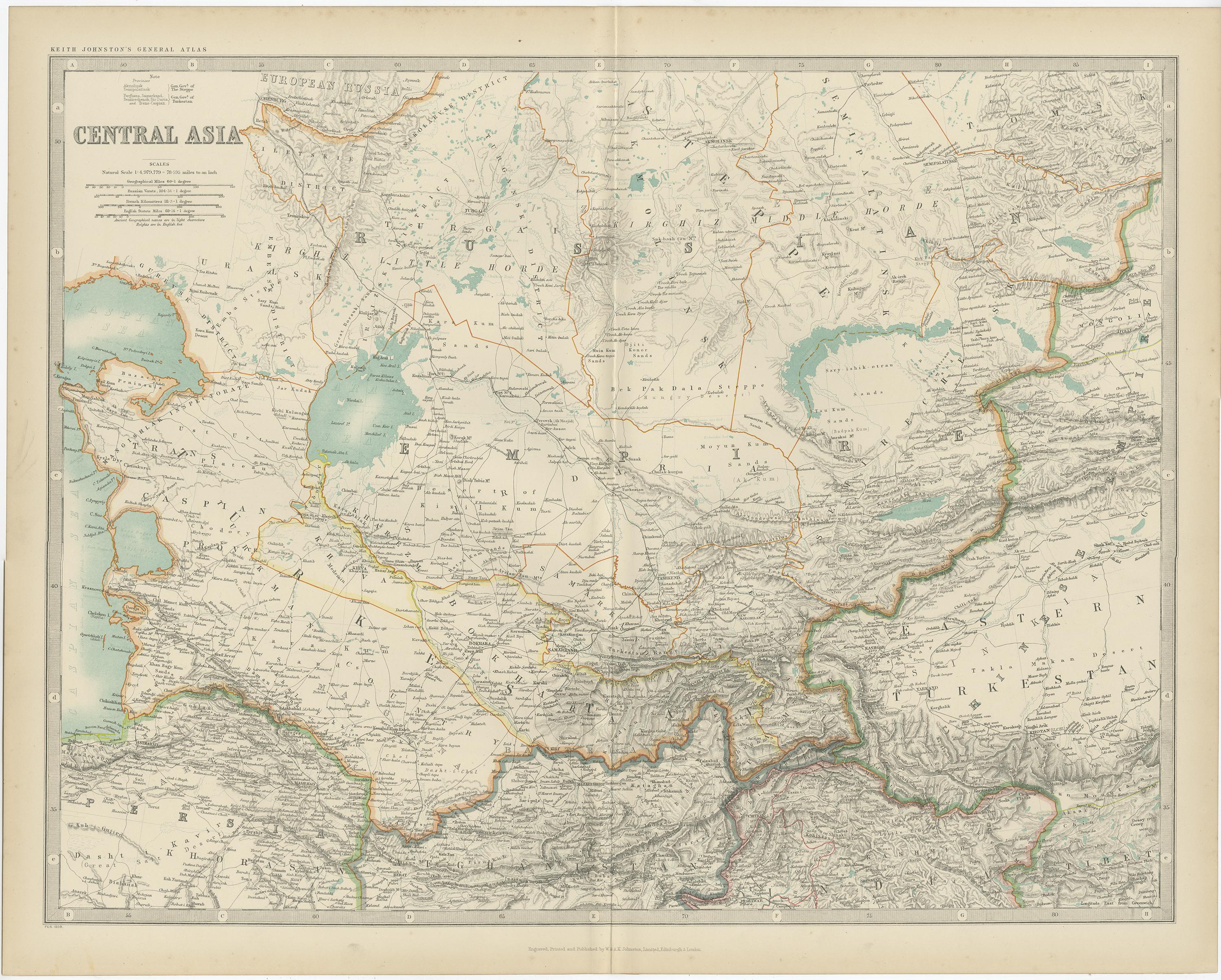 Carte ancienne d'Asie centrale par Johnston '1909' Bon état - En vente à Langweer, NL