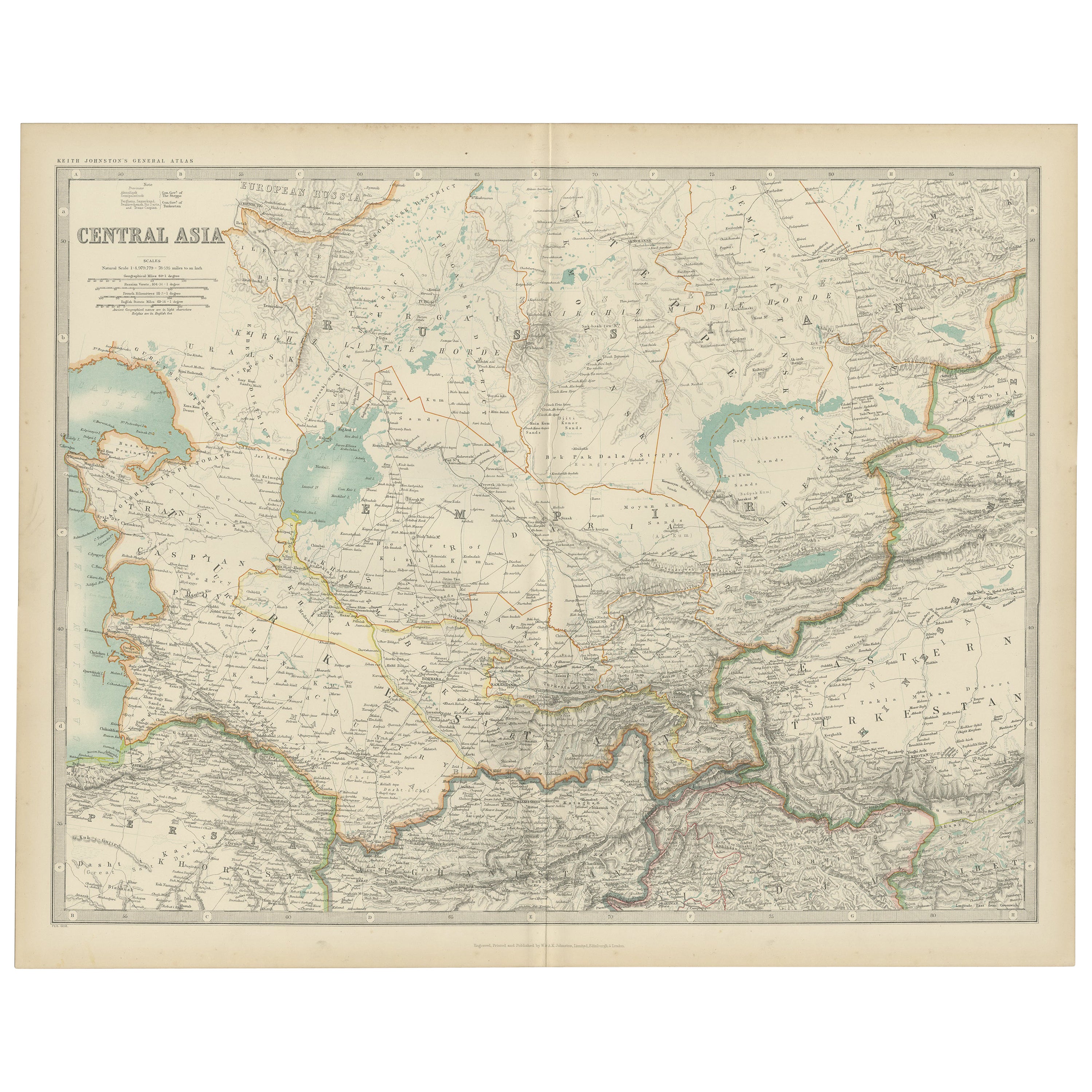 Carte ancienne d'Asie centrale par Johnston '1909'