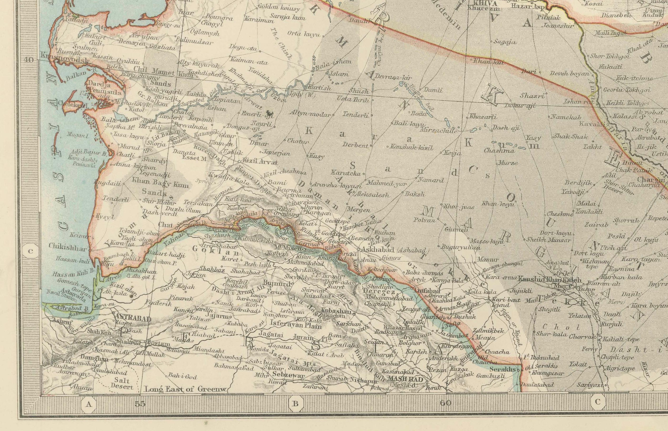 20ième siècle Carte ancienne de l'Asie centrale - avec les régions de la mer Caspienne et de la route de la soie en vente
