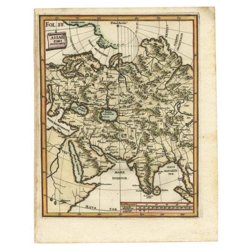 Antique map titled 'Asiae Pars Potissima.' Attractive map focusing on the central part of Asia but extending to include much of Eastern Europe and Northeastern Africa. The Caspian Sea is depicted with a curious oval shape. Nova Zembla is confidently