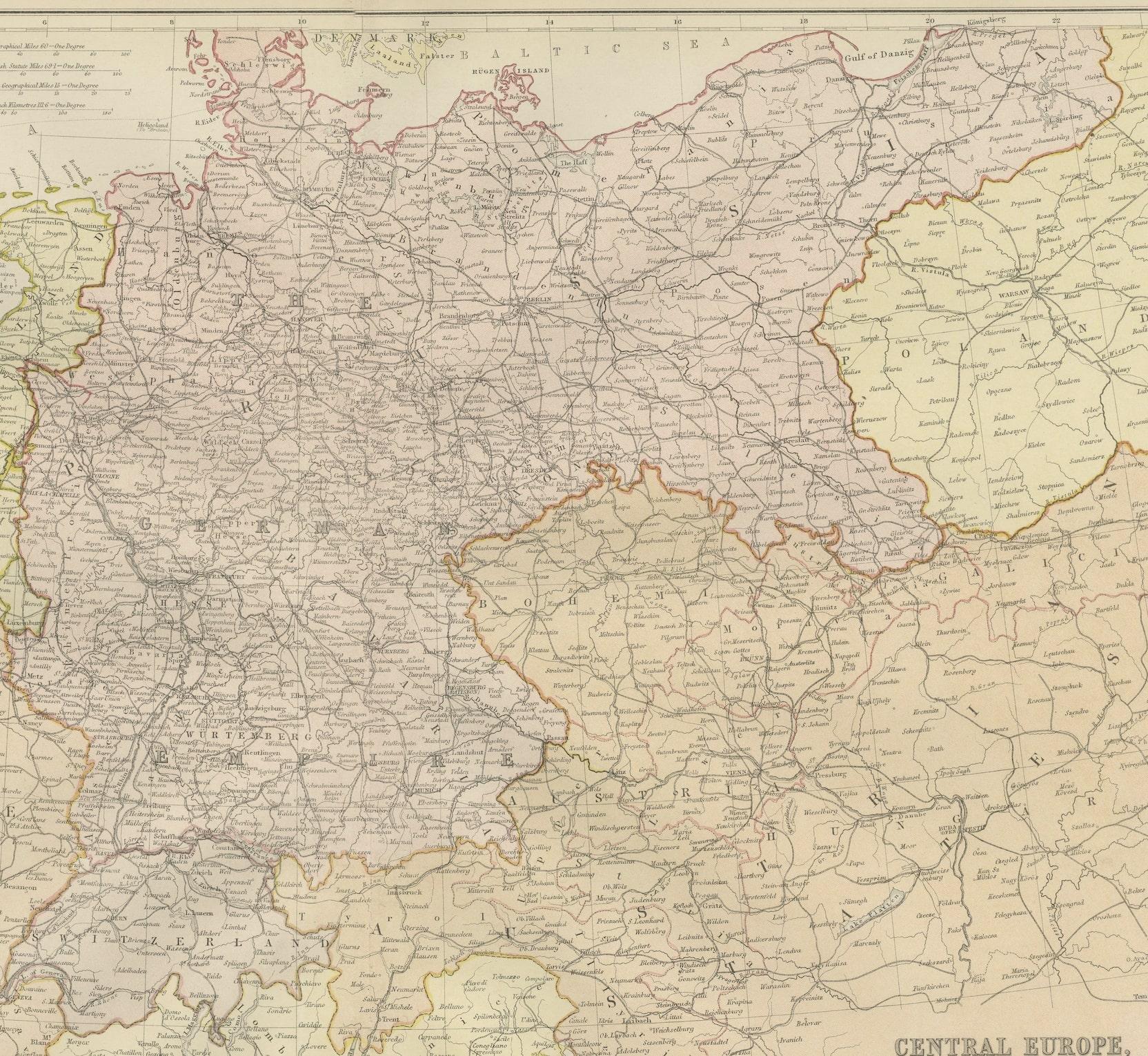 Entdecken Sie das Herz Europas mit der Karte 'Mitteleuropa', die die wichtigsten Eisenbahnlinien und politischen Grenzen zeigt! Diese Karte bietet einen fesselnden Blick auf die dynamischen Landschaften und politischen Teilungen