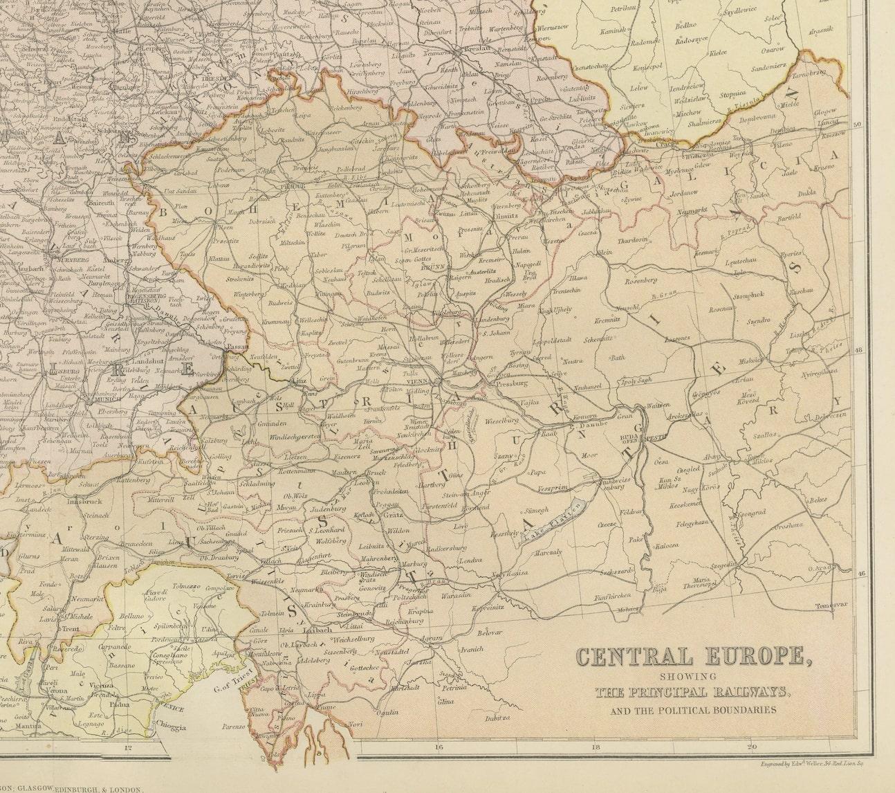 Antike Karte von Mitteleuropa, die Eisenbahnen und die politischen Unruhen zeigt im Zustand „Gut“ im Angebot in Langweer, NL