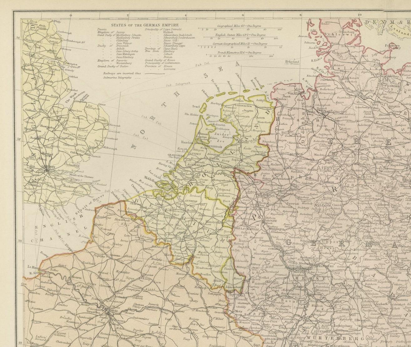 Antike Karte von Mitteleuropa, die Eisenbahnen und die politischen Unruhen zeigt (Spätes 19. Jahrhundert) im Angebot