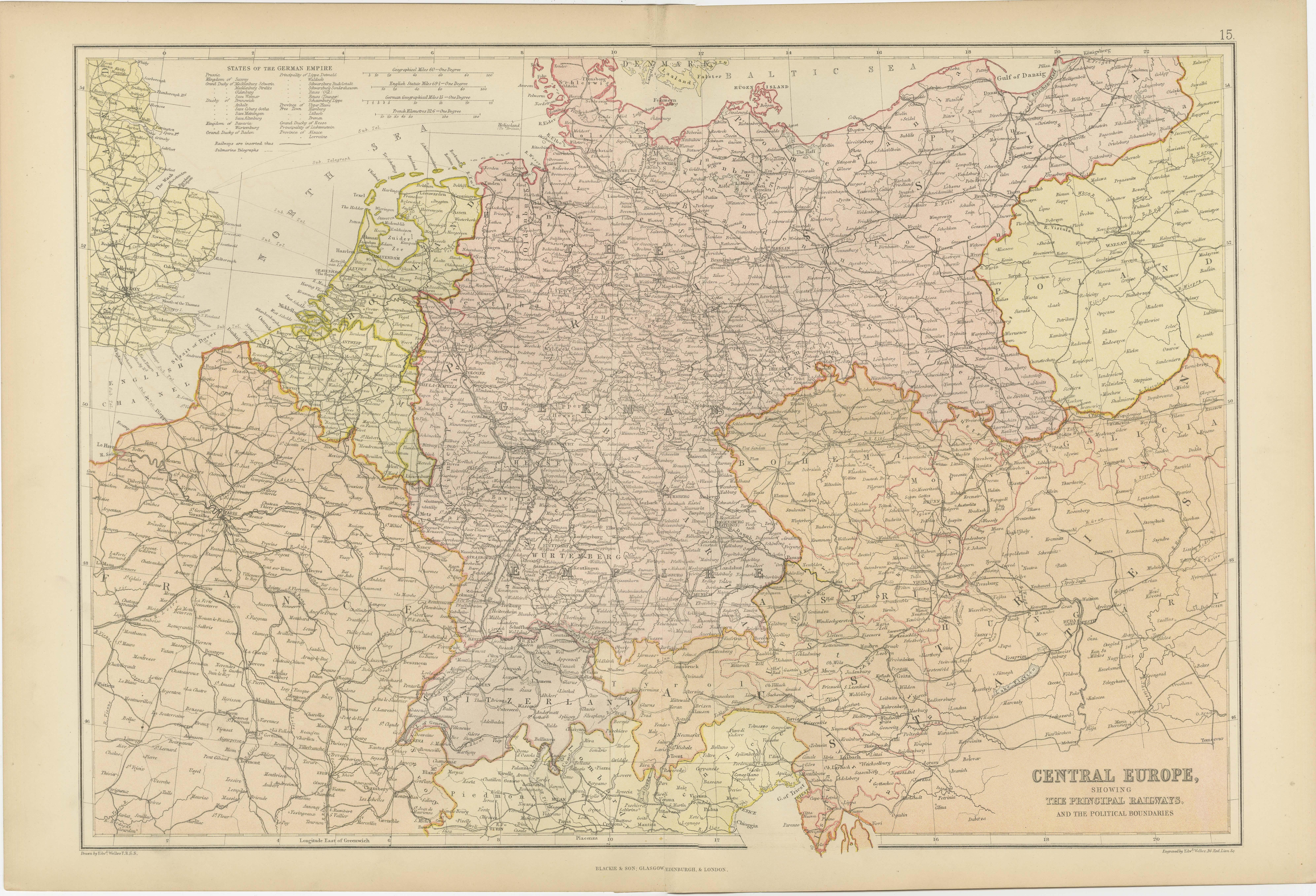Antike Karte von Mitteleuropa, die Eisenbahnen und die politischen Unruhen zeigt (Papier) im Angebot