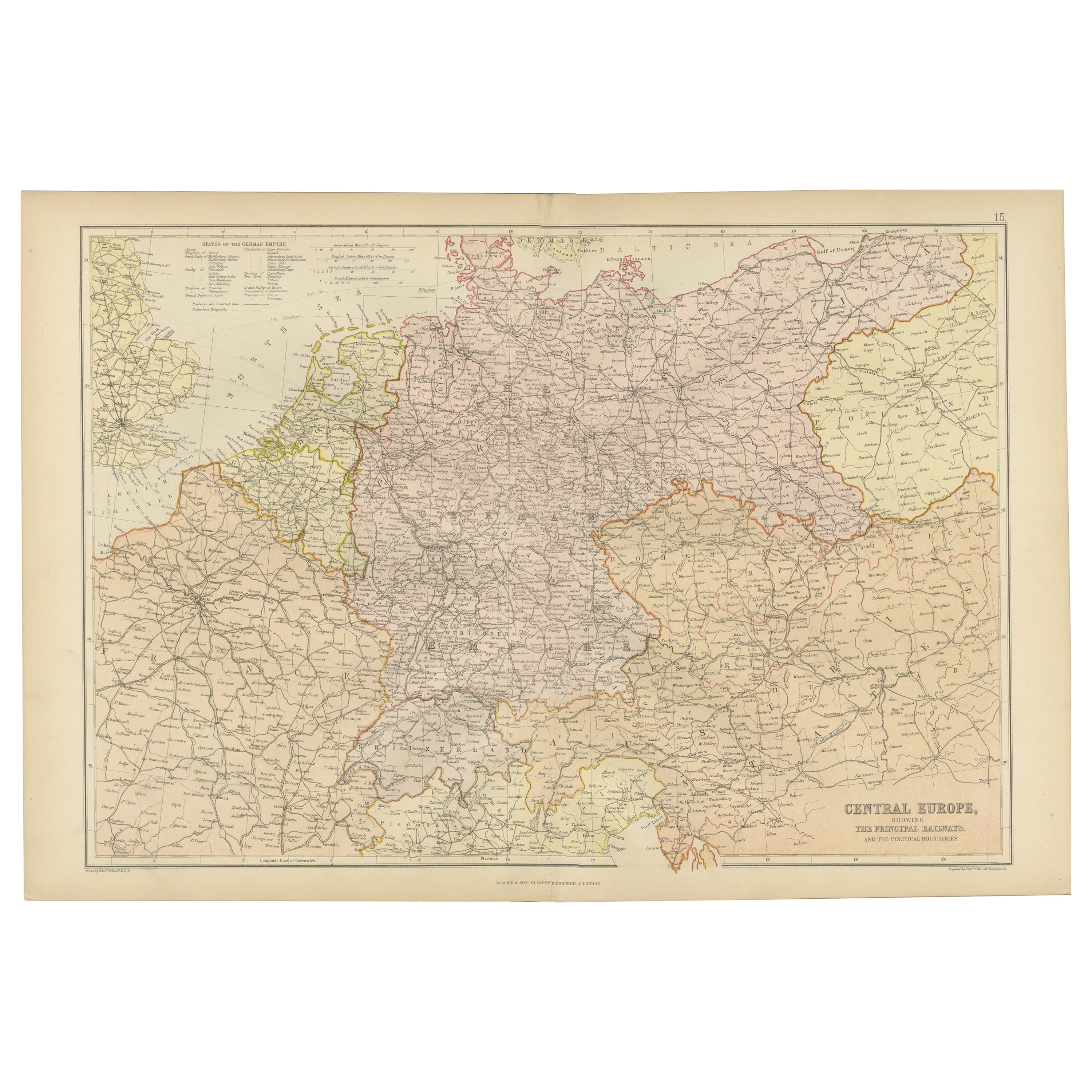 Mapa antiguo de Europa Central con los ferrocarriles y las fronteras políticas