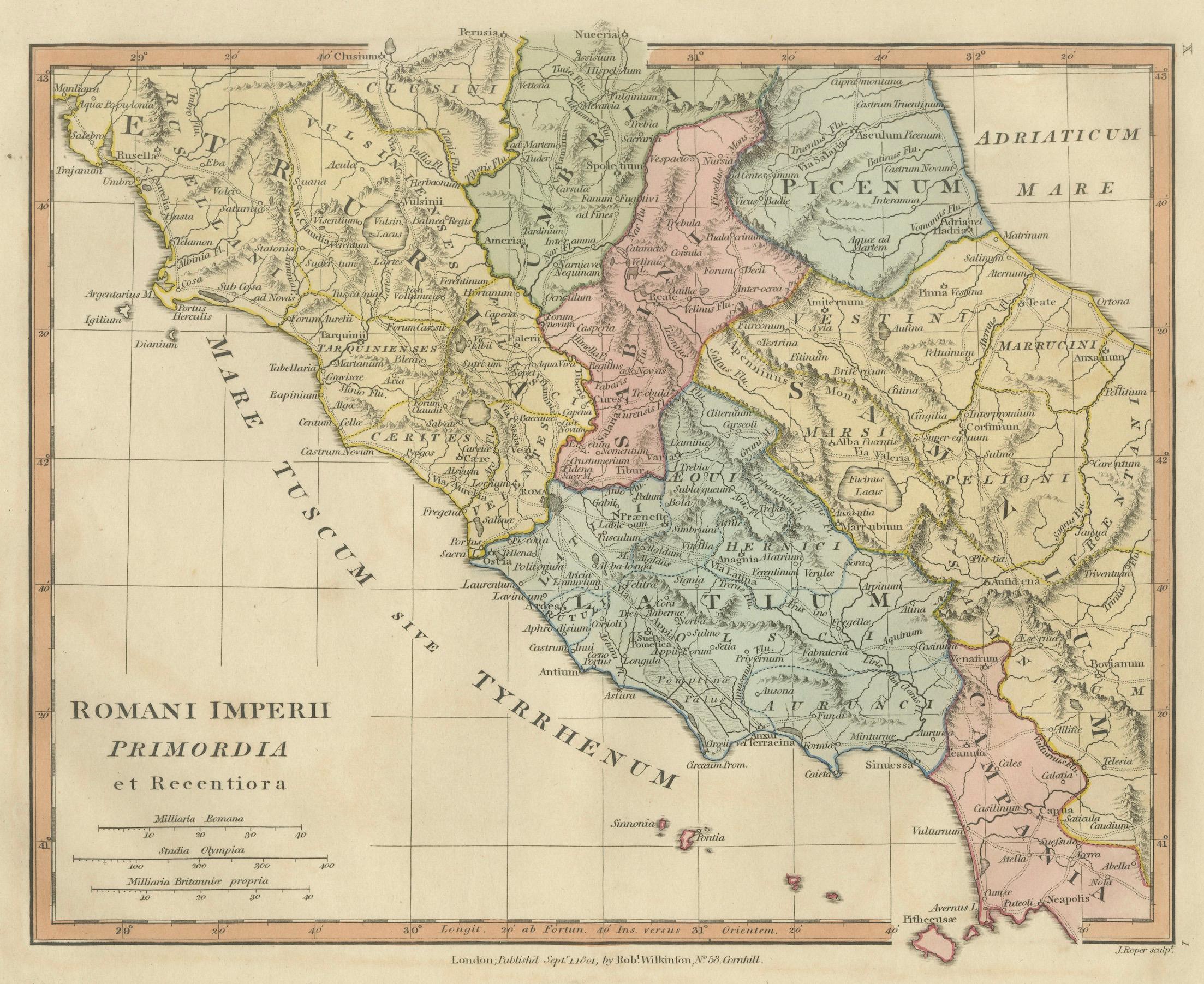 Antique Map of Central Italy & Early Roman Empire – Wilkinson c.1800