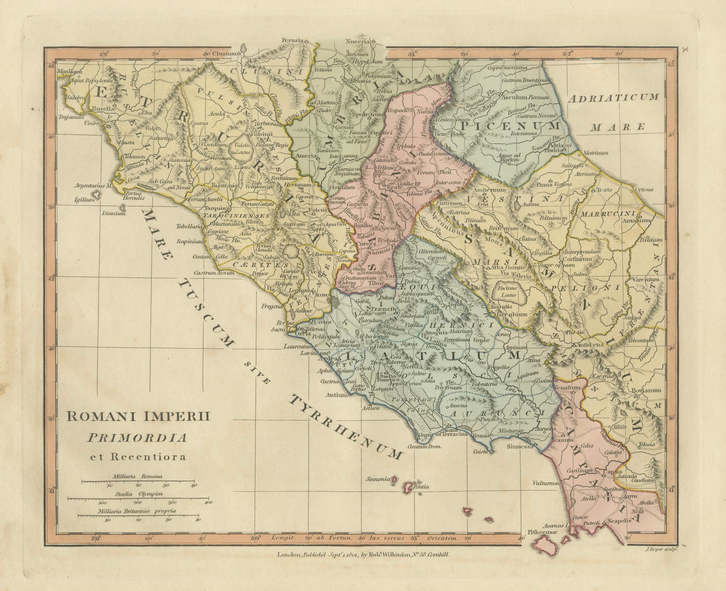 Antique Map of Central Italy & Early Roman Empire – Wilkinson c.1800 For Sale