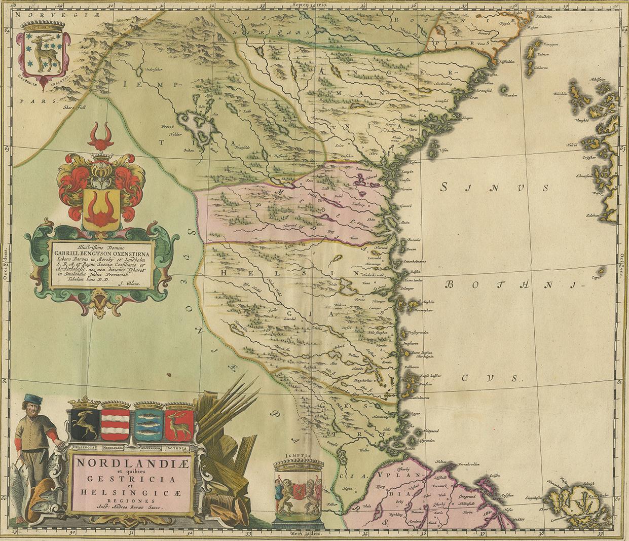 A striking, rare map with a cartouche dedicated to Gabriel Bengtsson Oxenstierna. Published by J. Bleau, Amsterdam, 1662. Contemporary coloring.