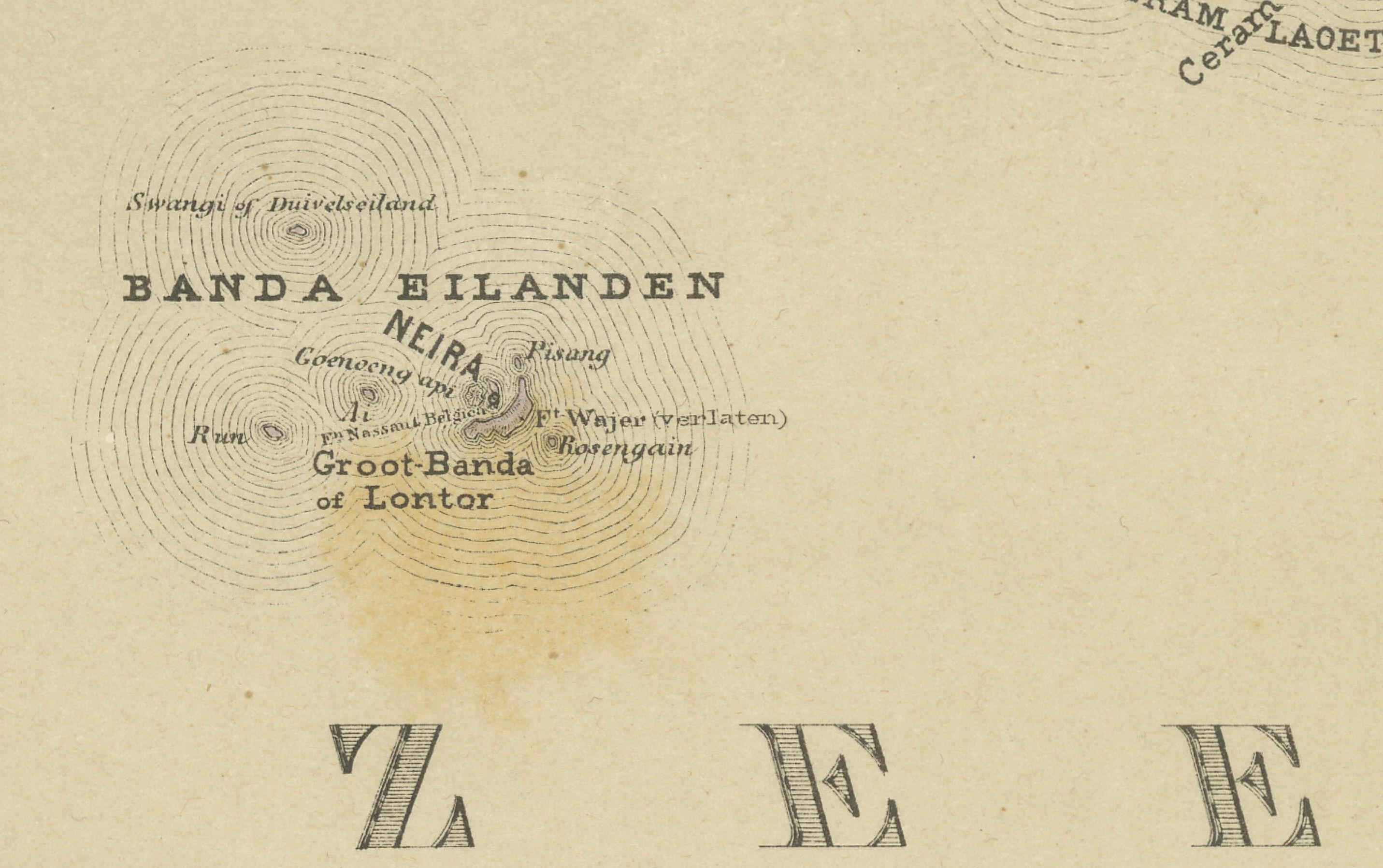 Mappa antica di Ceram Ambon Banda Buru Molucche Dornseiffen 1884

Questa mappa antica finemente dettagliata raffigura le isole Molucche centrali, con particolare attenzione a Ceram (Seram), Buru, Ambon e le leggendarie isole Banda, nel cuore dello