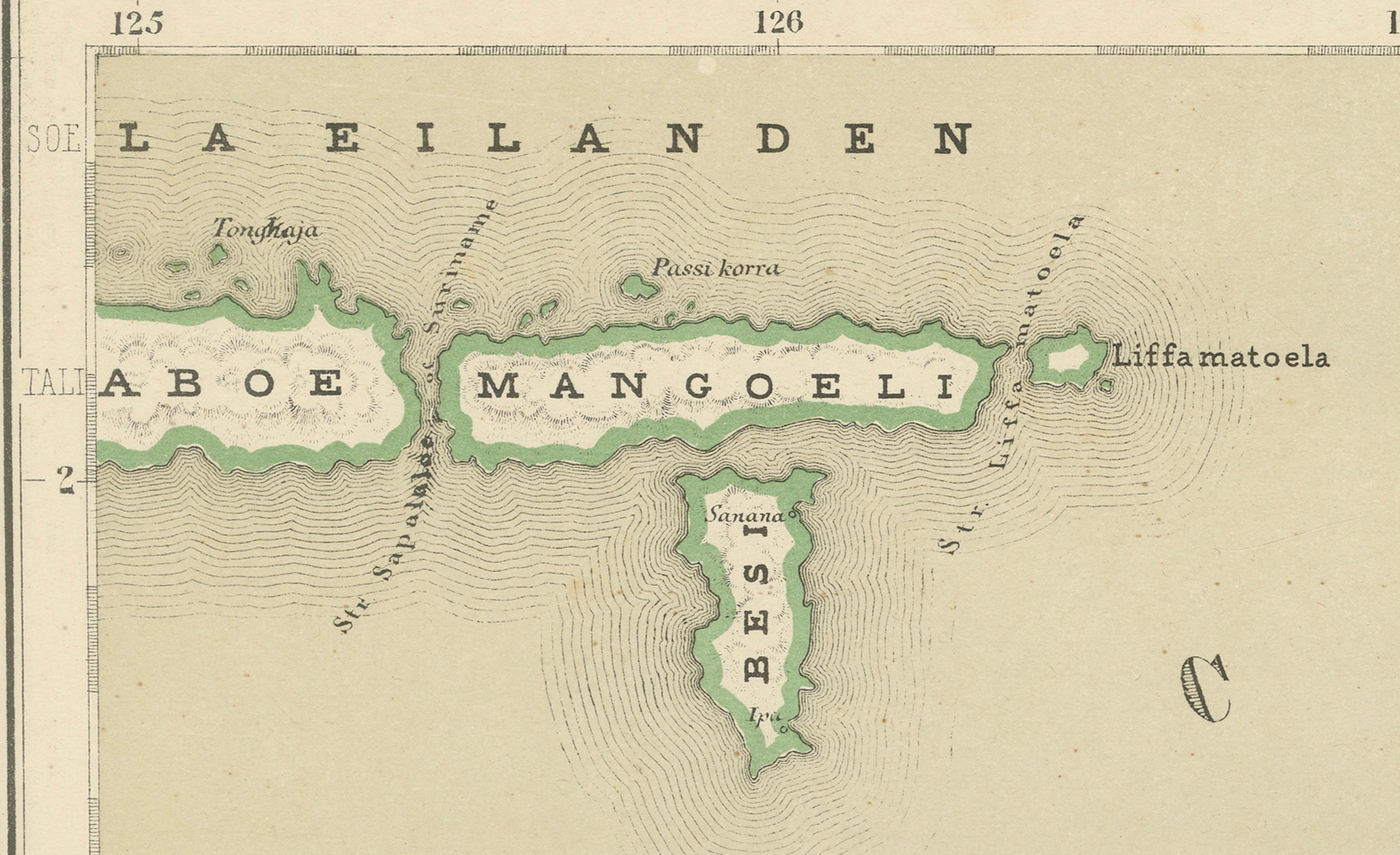Carta geografica antica di Ceram, Ambon, Banda, Buru, Molucche di Dornseiffen - 1884 In condizioni buone in vendita a Langweer, NL