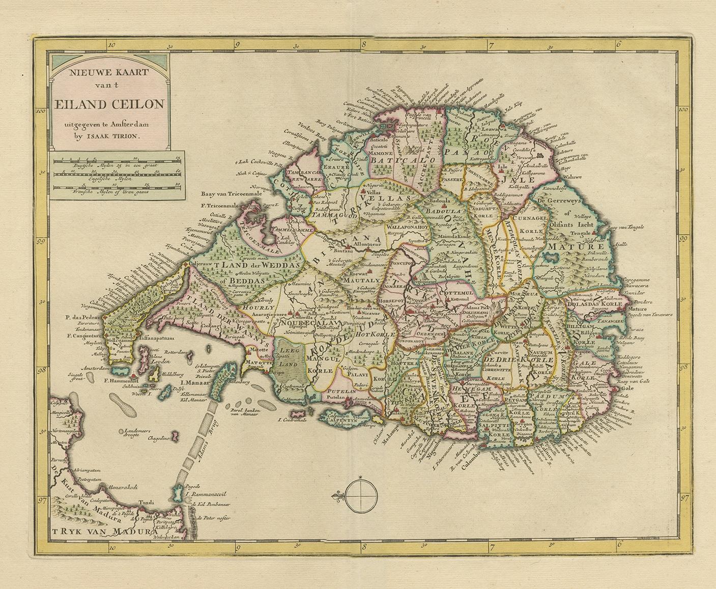 Antique map titled 'Nieuwe Kaart van 't Eiland Ceilon'. Original antique map of Ceylon (Sri Lanka). This map originates from 'Handatlas der geheele Aarde' by I. Tirion. Published 1764.