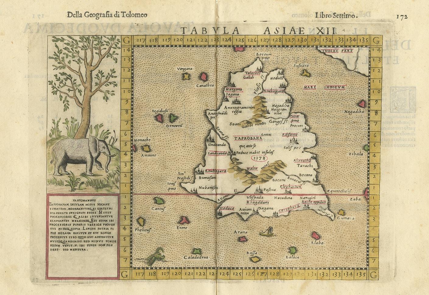 Antique map titled 'Tabula Asiae XII'. Very decorative map of Sri Lanka. In ancient times, Sri Lanka was known by various names, Ptolemy named it Taprobana, the Arabs Serendib, the Portuguese called it Ceilo and the British, Ceylon. This map also