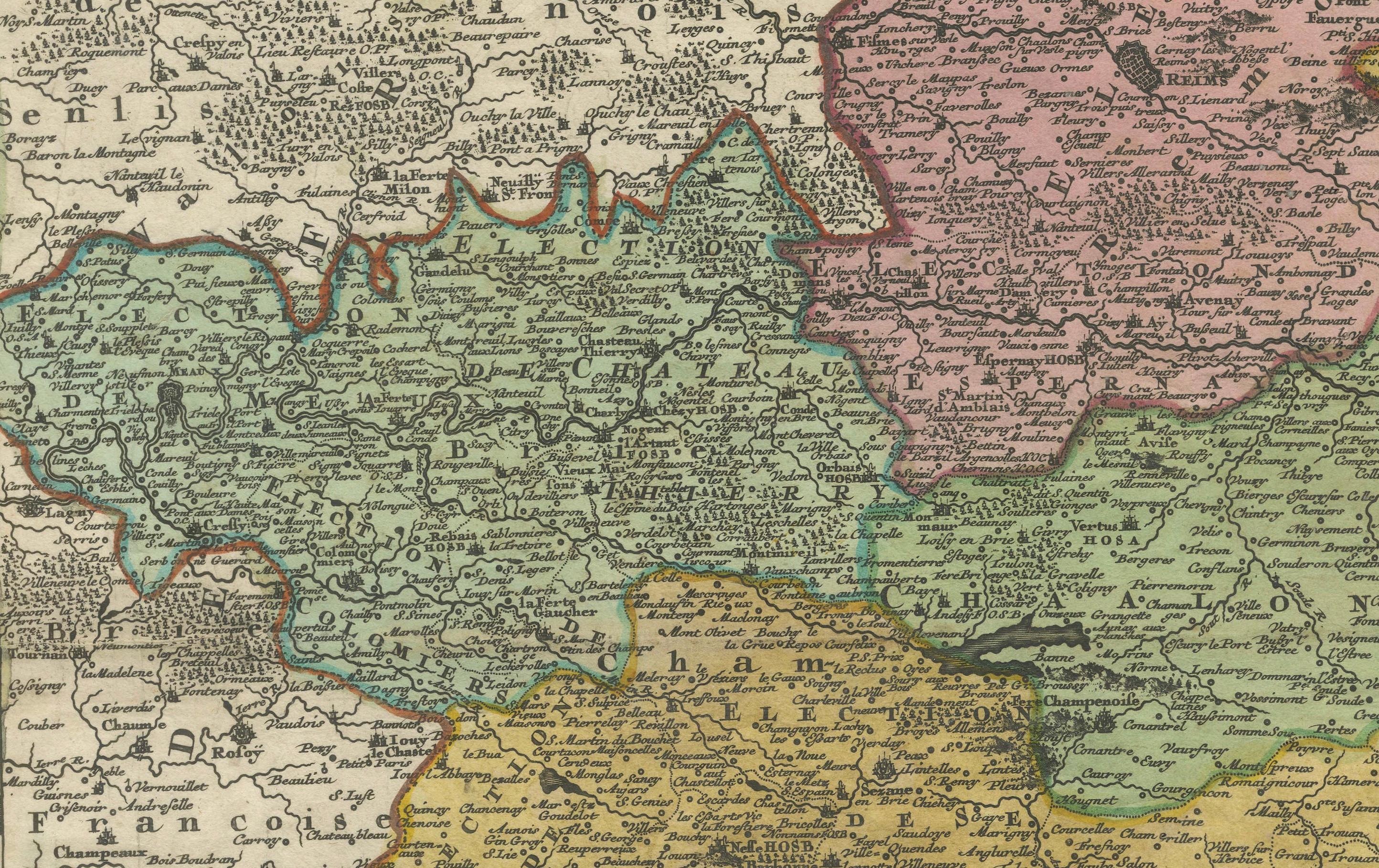 Carte ancienne de Champagne France par Johann Baptist Homann circa 1710 coloriée à la main  

Cette carte ancienne richement détaillée, intitulée Tabula Geographica Campaniae Gallia, représente la province historique de Champagne, dans le nord-est