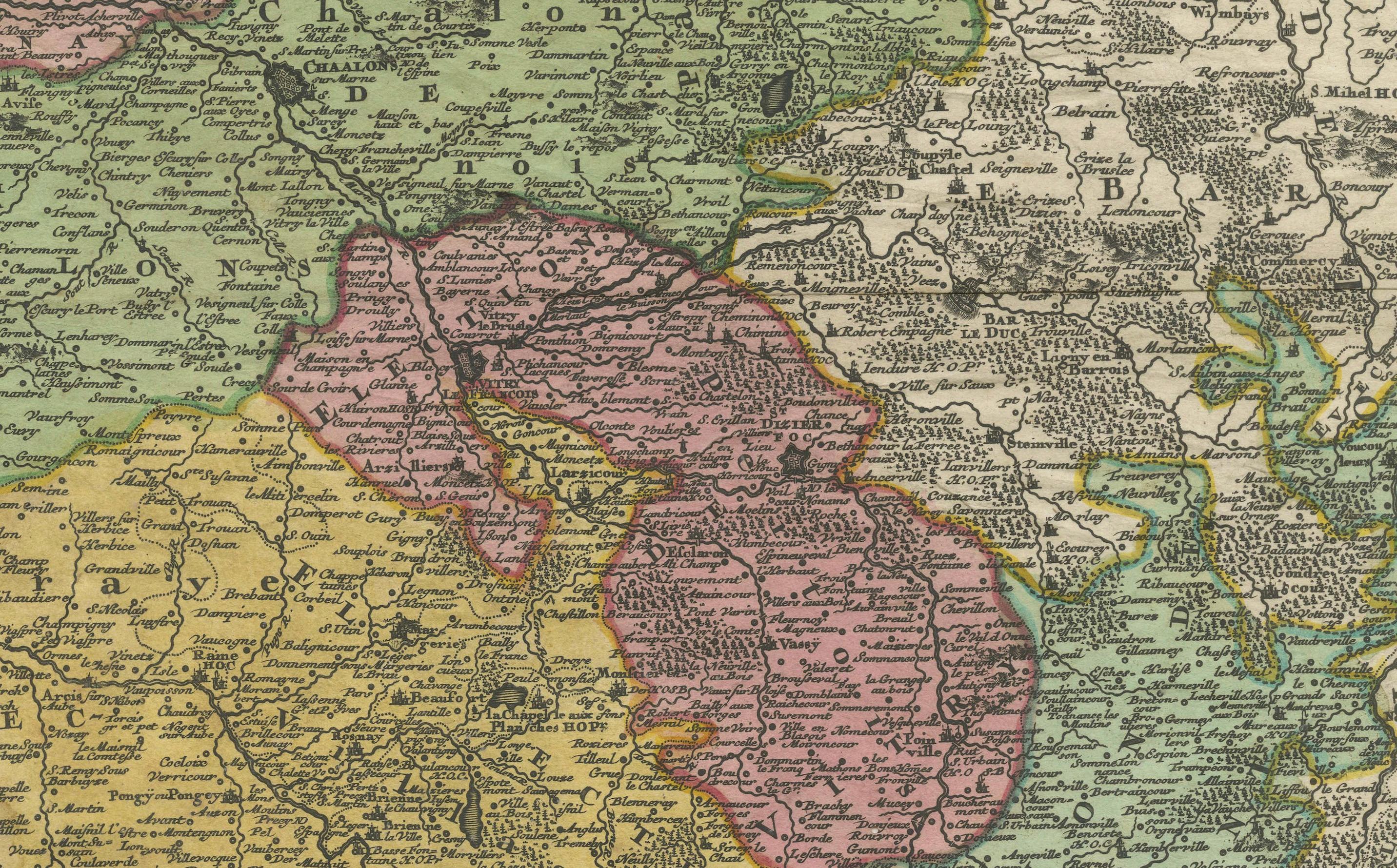Début du XVIIIe siècle Carte ancienne de Champagne France par Johann Baptist Homann circa 1710 coloriée à la main en vente