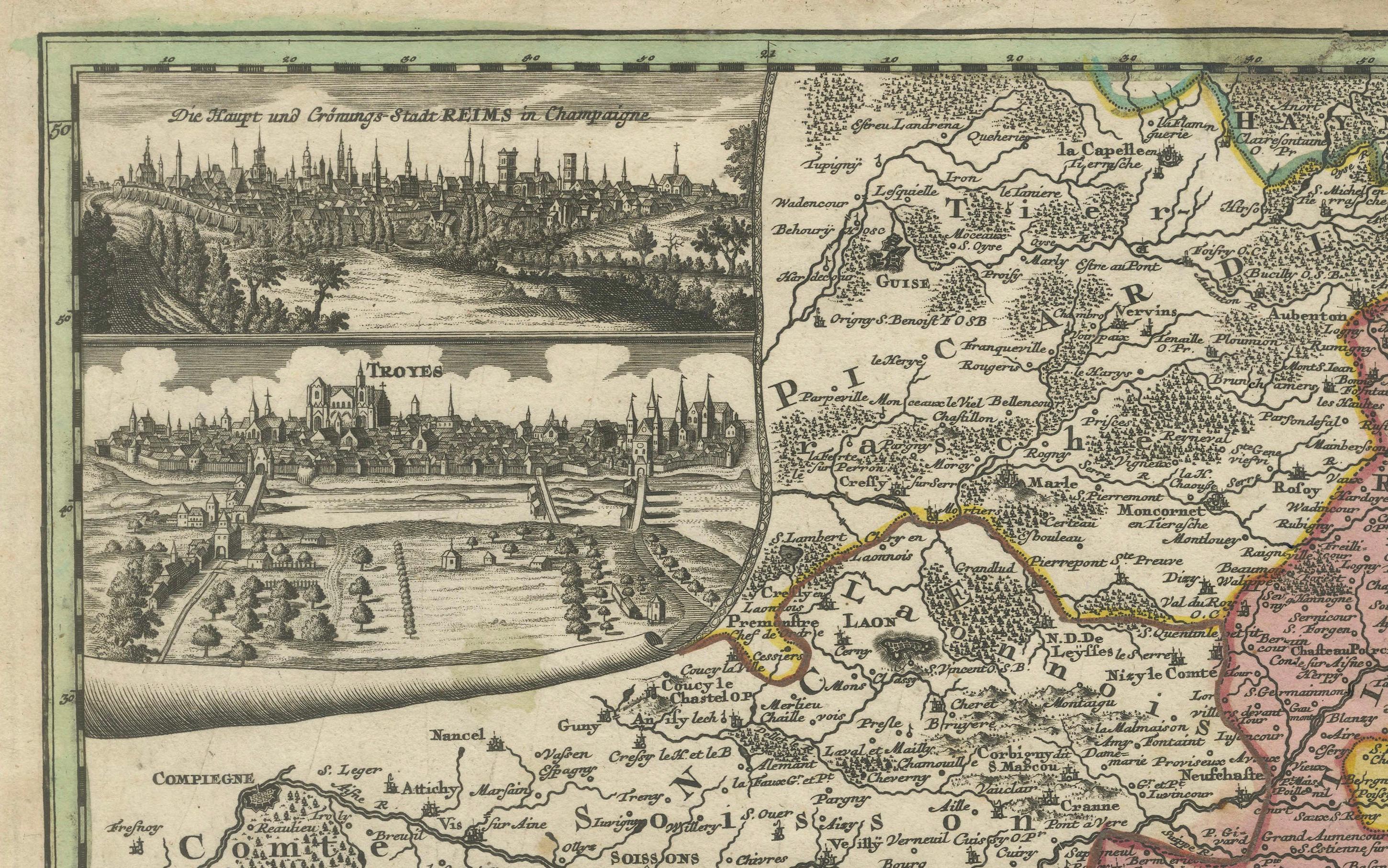 Carte ancienne de Champagne France par Johann Baptist Homann circa 1710 coloriée à la main en vente 1