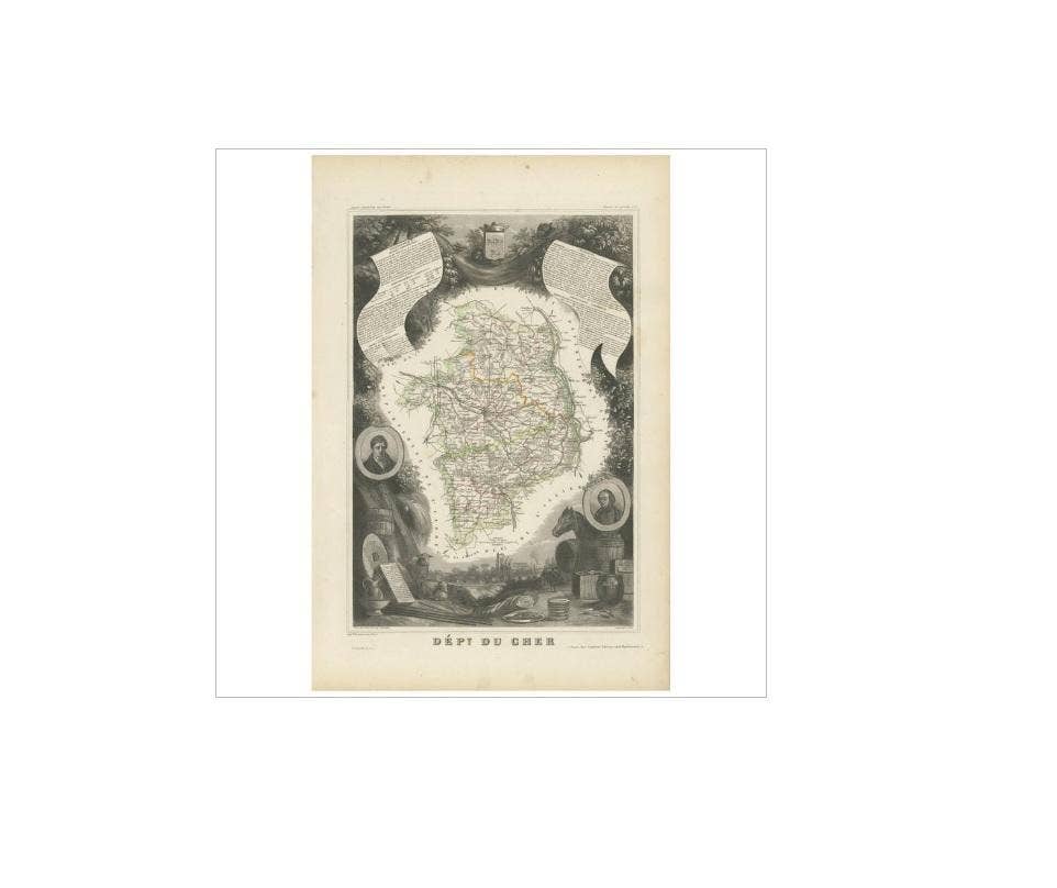 Antique Map of Cher in France, 1854