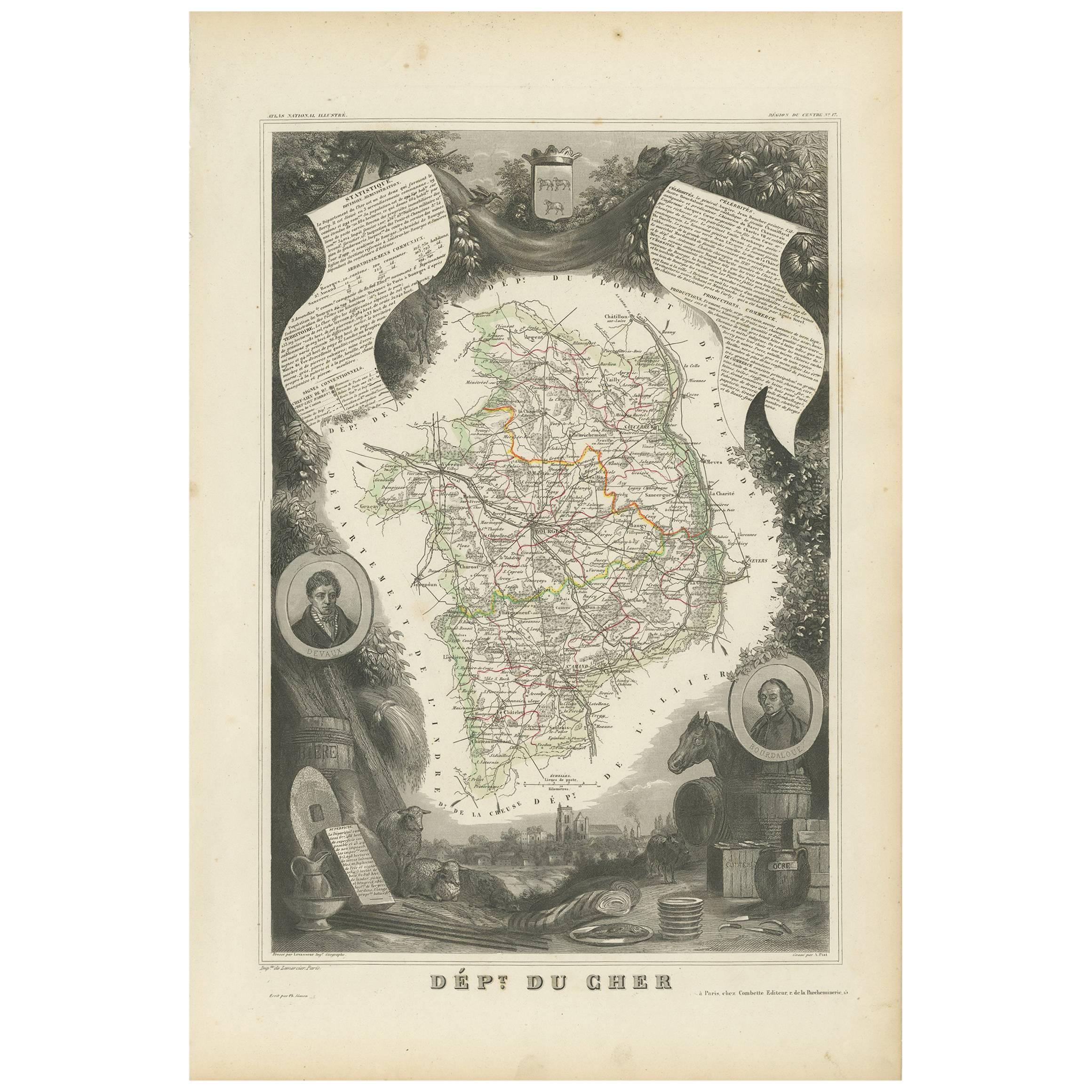 Antique Map of Cher  in France, 1854 For Sale