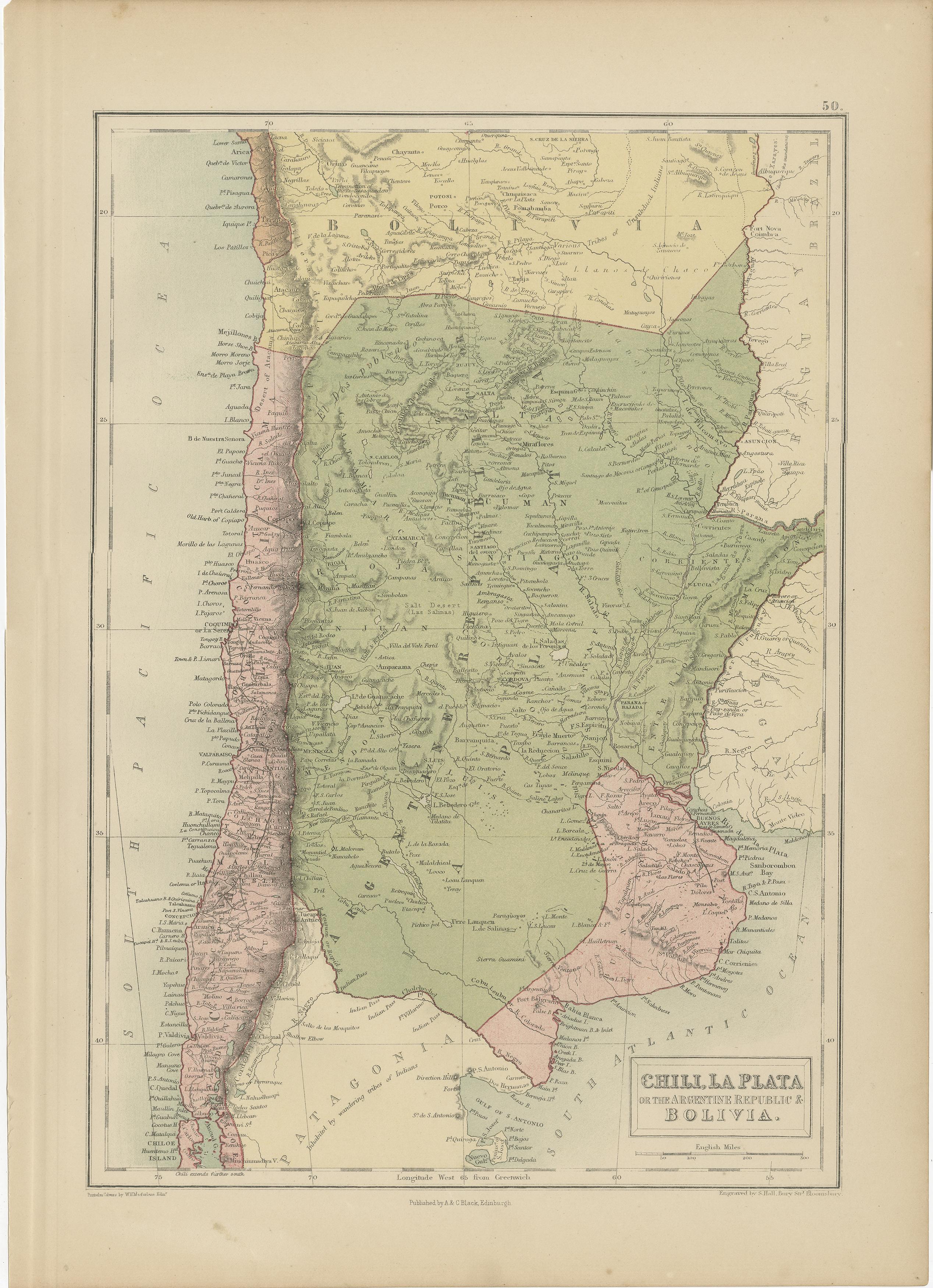 Antique map titled 'Chili, La Plata & Bolivia'. Original antique map of Chile, La Plata and Part of Bolivia. This map originates from ‘Black's General Atlas of The World’. Published by A & C. Black, 1870.