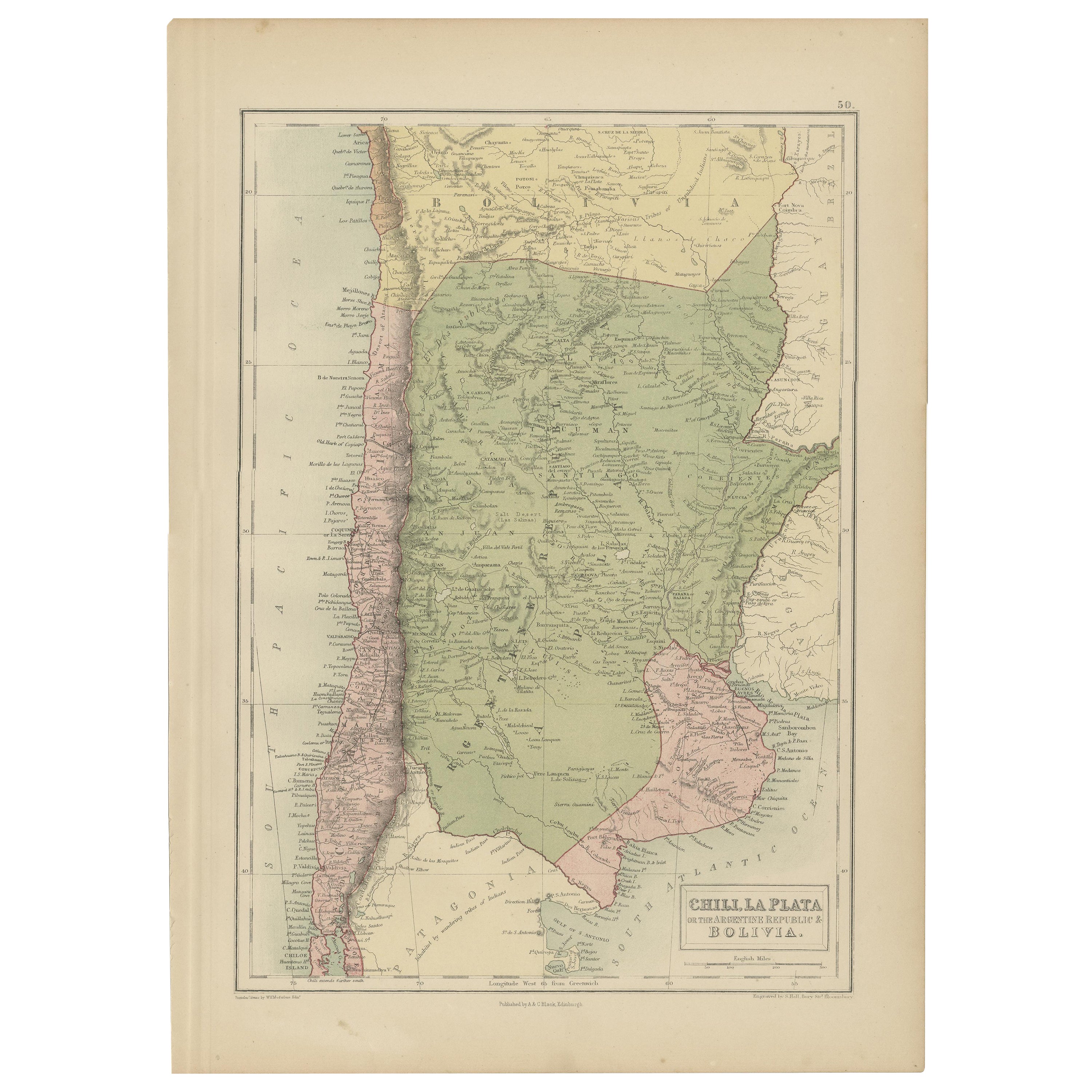 Mapa antiguo de Chile, La Plata y parte de Bolivia por A & C. Black, 1870 en venta