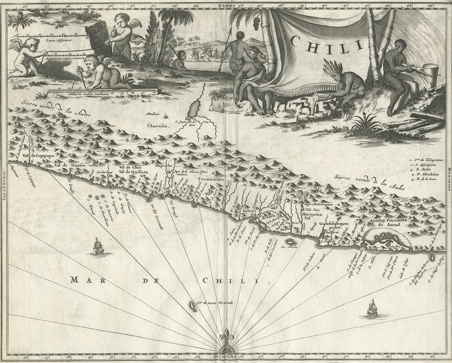 Antique map titled 'Chili'. A very attractive map covering the known coastal region of Chile. The Andes are shown prominently, with two live volcanoes in the vicinity of Villarrica. San Juan is shown on a large spurious lake east of the Andes and