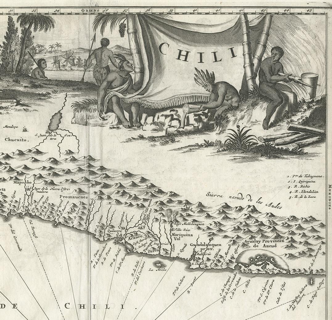 Carte ancienne du Chili par Montanus, datant d'environ 1671 Bon état - En vente à Langweer, NL