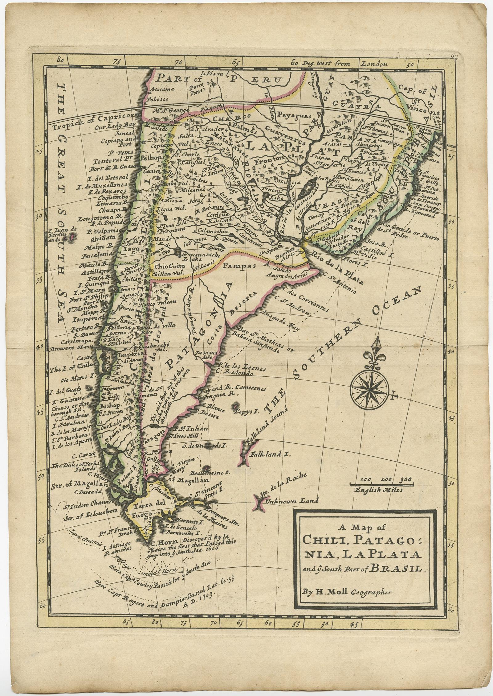 Antique map titled 'A Map of Chili, Patagonia, La Plata and ye South Part of Brasil'. 

Detailed map showing the southern most part of South America's coastlines with hundreds of harbors, bays and capes.

Artists and Engravers: Herman Moll (1654