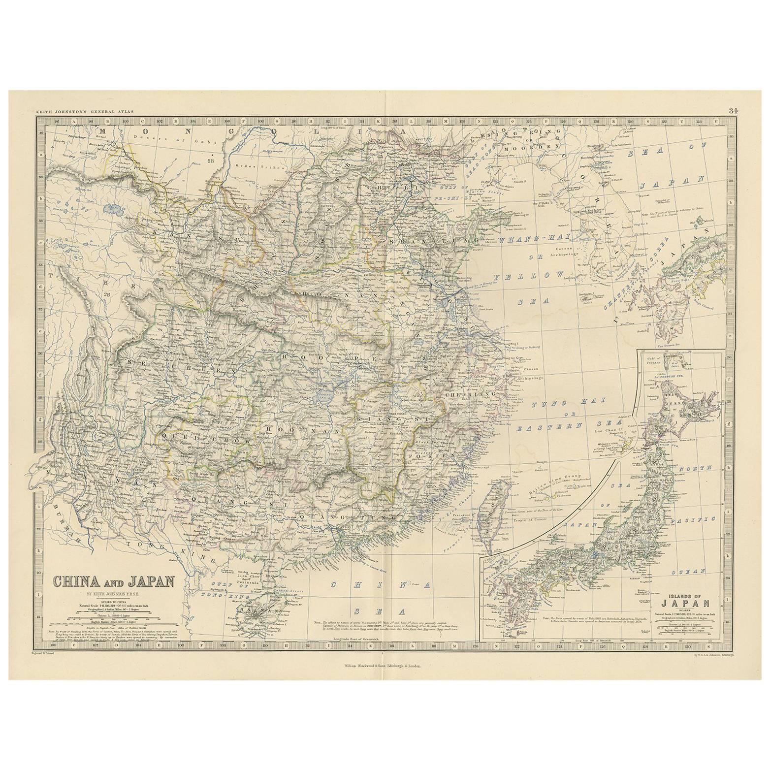 Antique Map of China and Japan by A.K. Johnston, 1865 For Sale