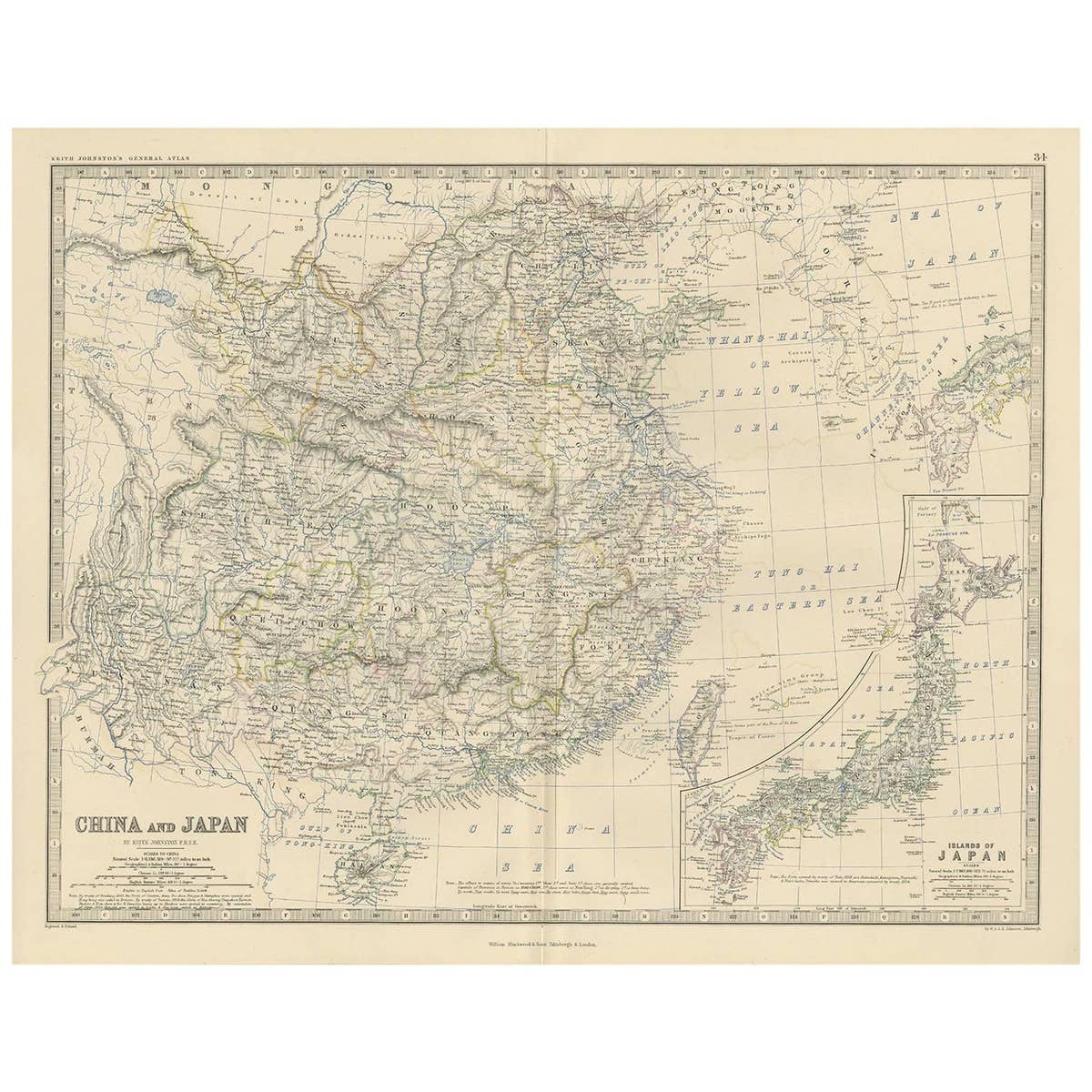 Antique Map of China and Japan by A.K. Johnston, 1865