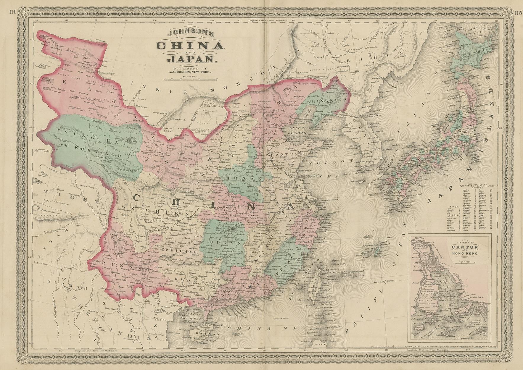 Antique map titled 'Johnson's China and Japan'. Map of China and Japan, with an inset map of the vicinity of Canton and Hong Kong. This map originates from 'Johnson's New Illustrated Family Atlas of the World' by A.J. Johnson. Published 1872.