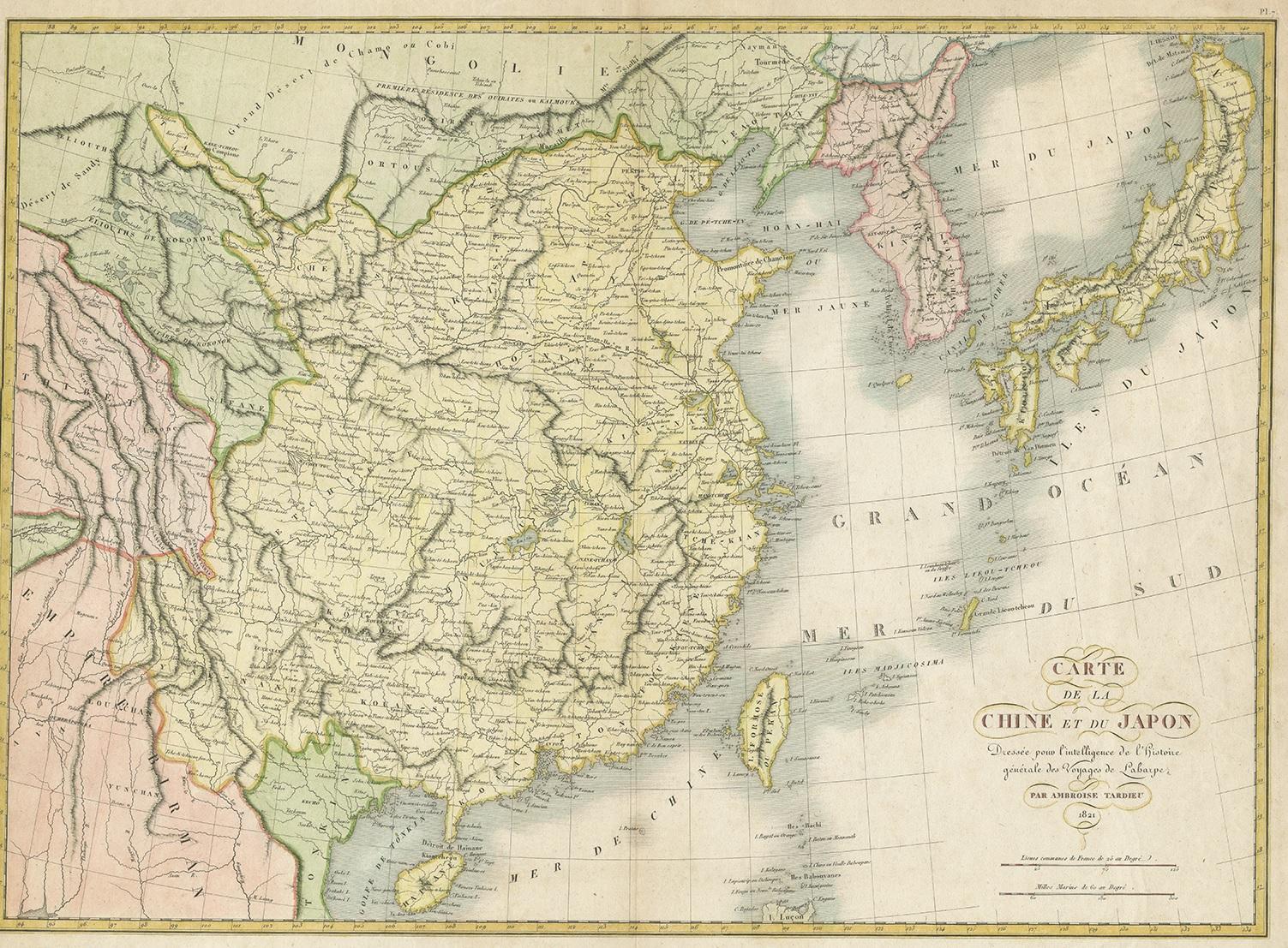Antique map titled 'Carte de la Chine et du Japon'. Detailed map of China, showing Korea, Japan and Taiwan. This map originates from 'L'histoire général des voyages' by J.F. de la Harpe.