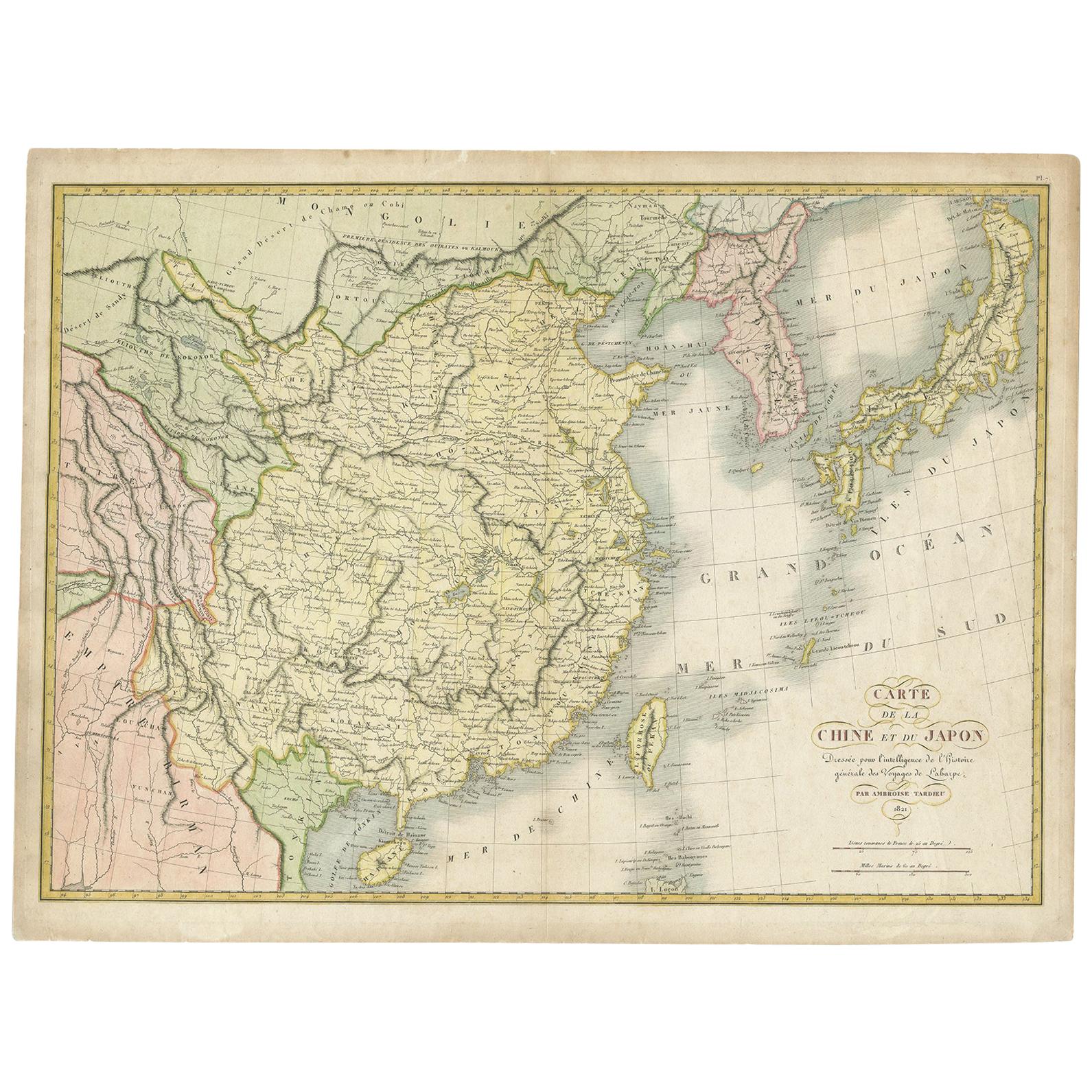 Antique Map of China and Japan by Tardieu, 1821 For Sale