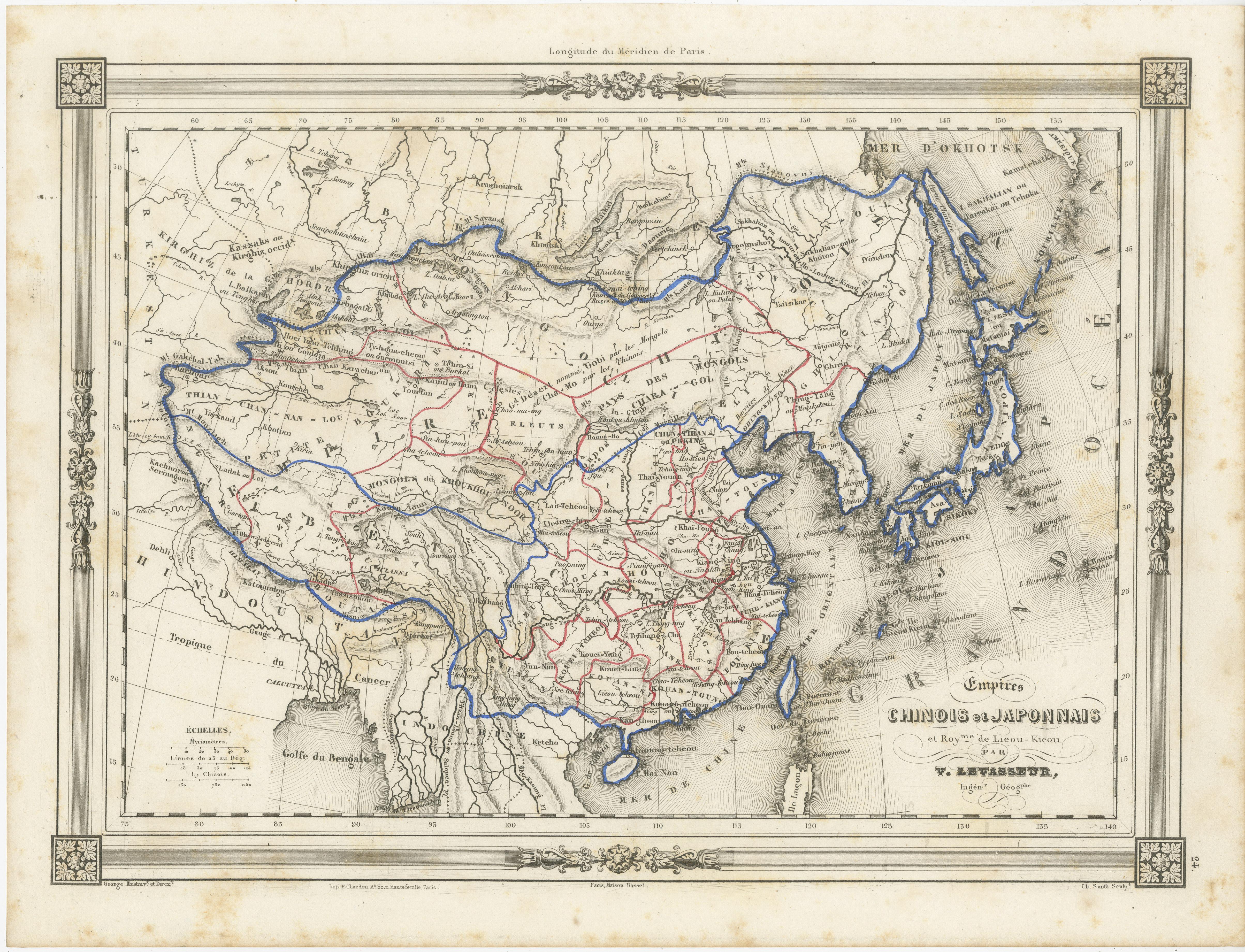Antique map titled 'Empires Chinois et Japonnais'. Attractive map of China and Japan. This map originates from Maison Basset's 1852 edition of 'Atlas Illustre Destine a l'enseignement de la Geographie elementaire'.