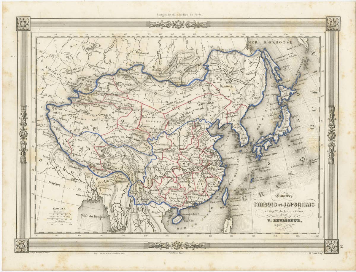 Antique Map of China and Japan, with Frame Style Border