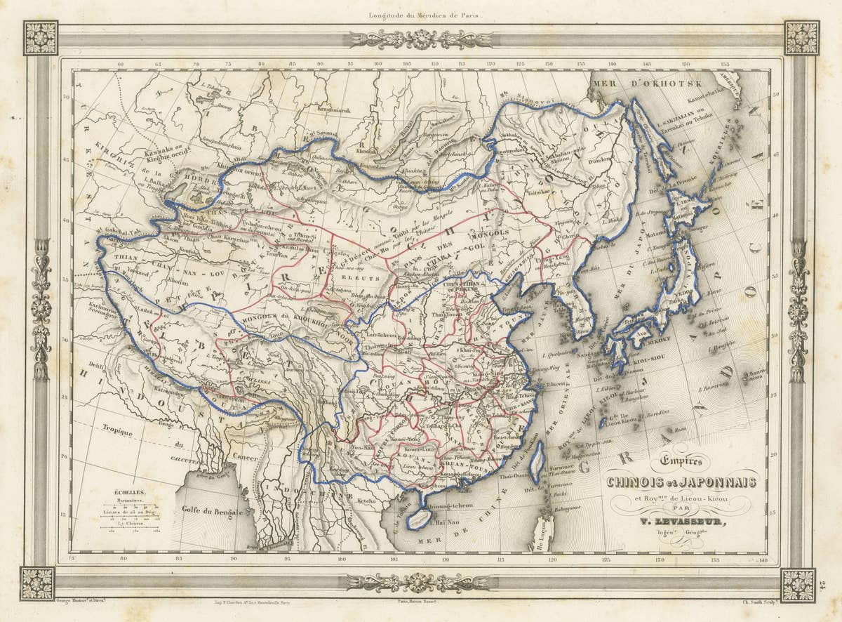 Antique Map of China and Japan, with Frame Style Border