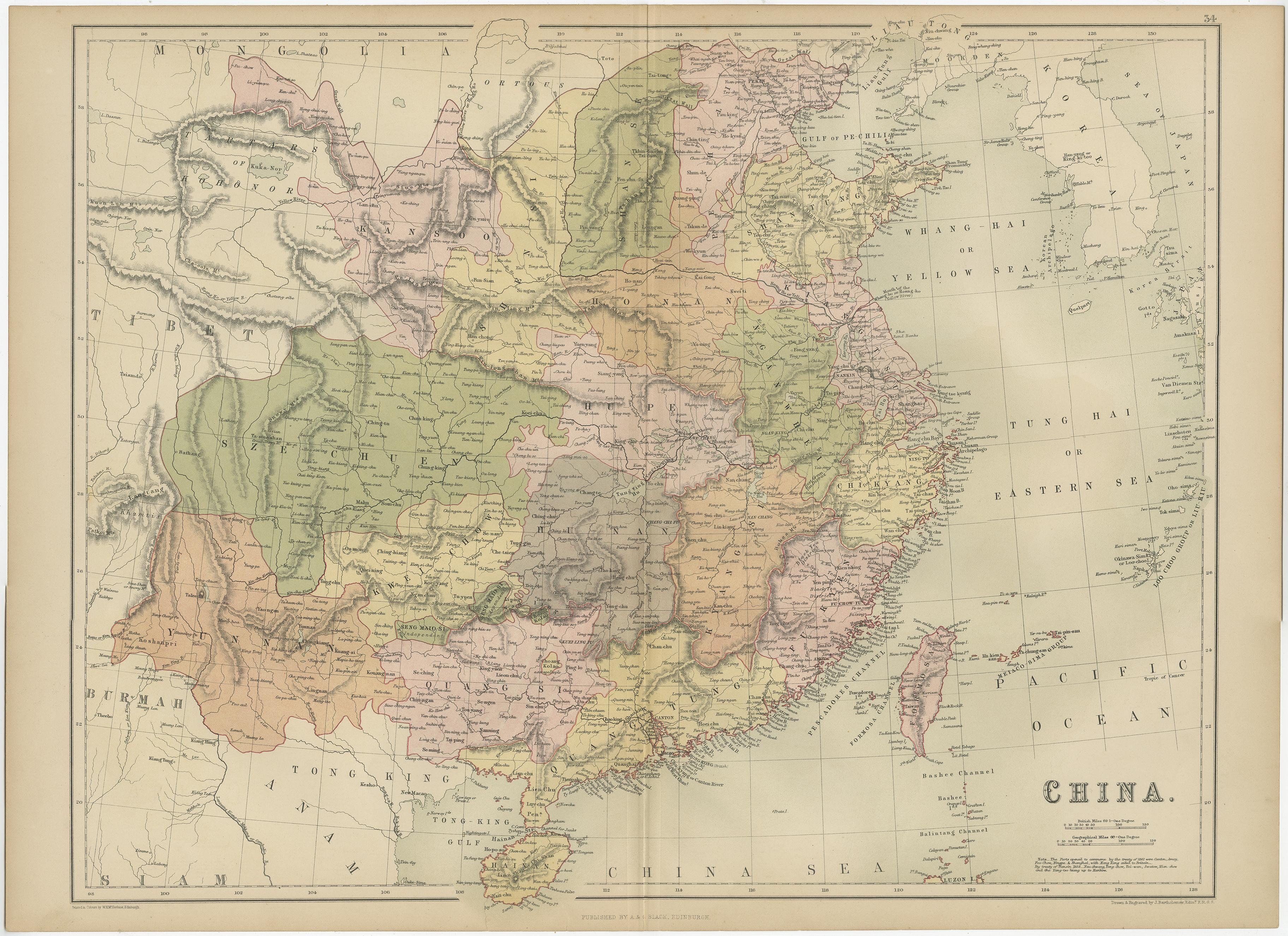 Carte ancienne de la Chine par A & C, noire, 1870 État moyen - En vente à Langweer, NL