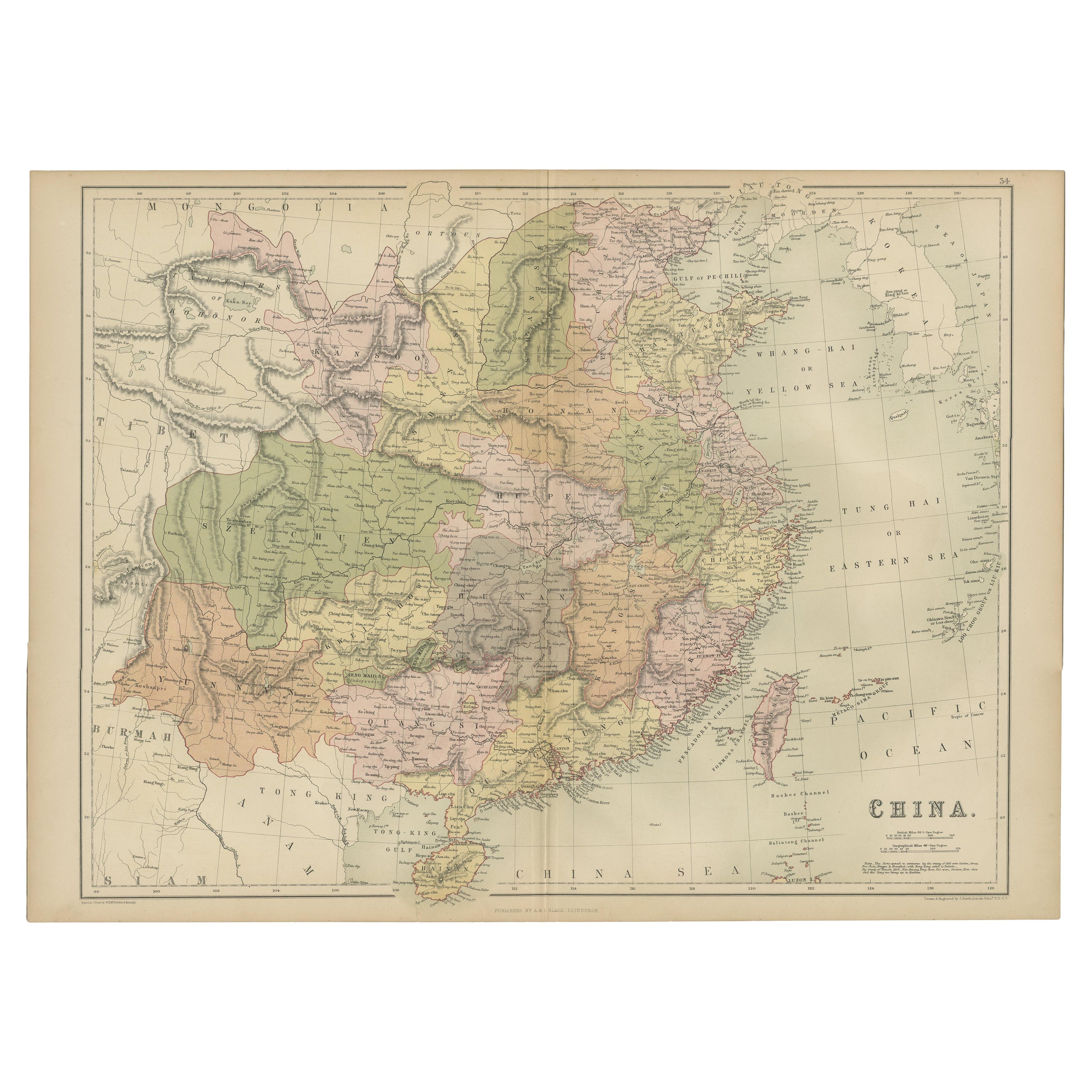 Antique Map of China by A & C, Black, 1870 For Sale