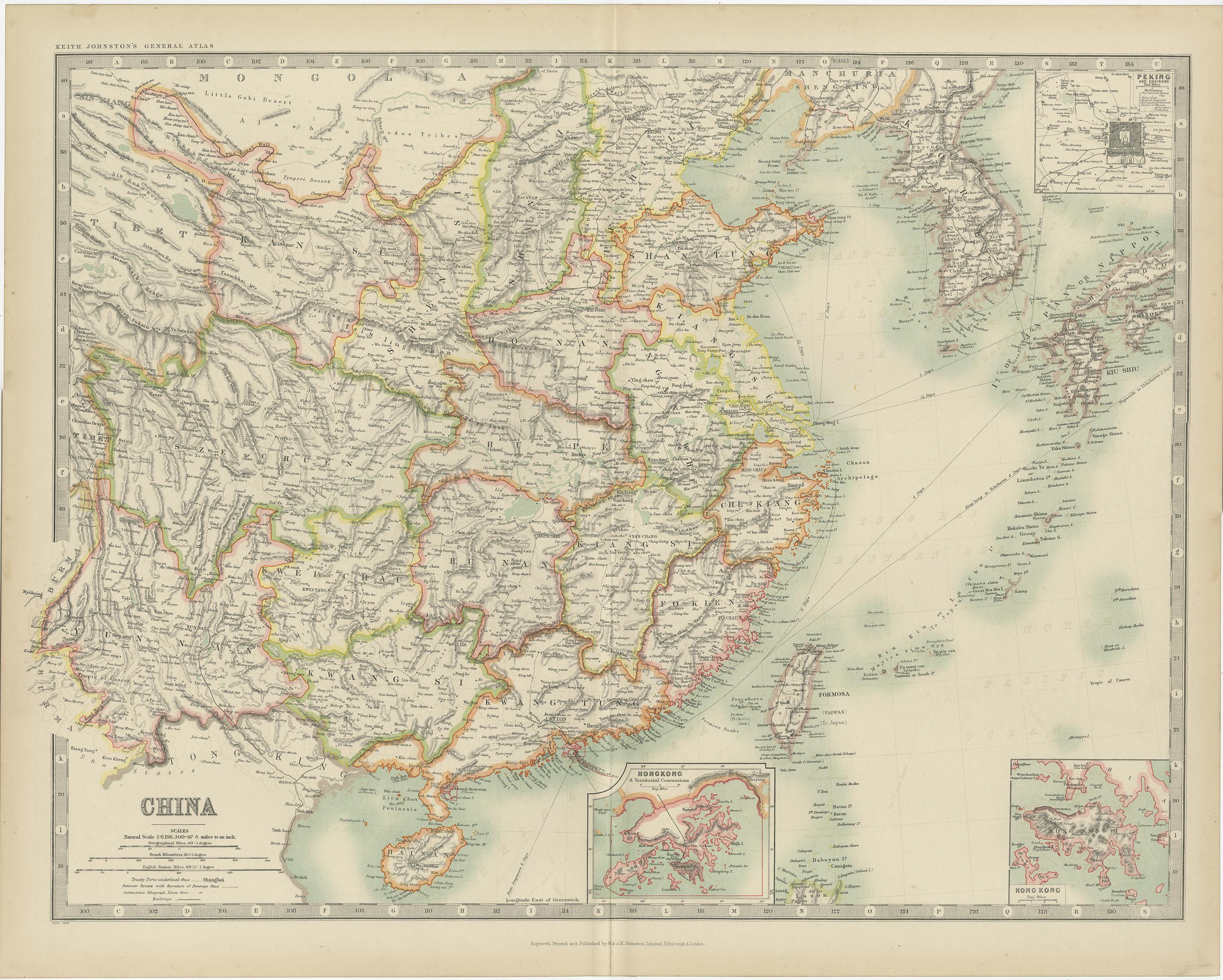 Antique map titled 'China'. Original antique map of China. With inset maps of Hongkong and Peking. This map originates from the ‘Royal Atlas of Modern Geography’. Published by W. & A.K. Johnston, 1909.