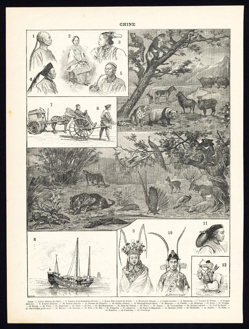 Sheet: Front: 'Chine.' (China map). Verso: 'China.' (China views, nature, animals, costume). This rare early lithographic print originates from: 'Nouveau Larousse Illustre en sept volumes.', Directeur Claude Auge, Paris, published 1897-1904, with a