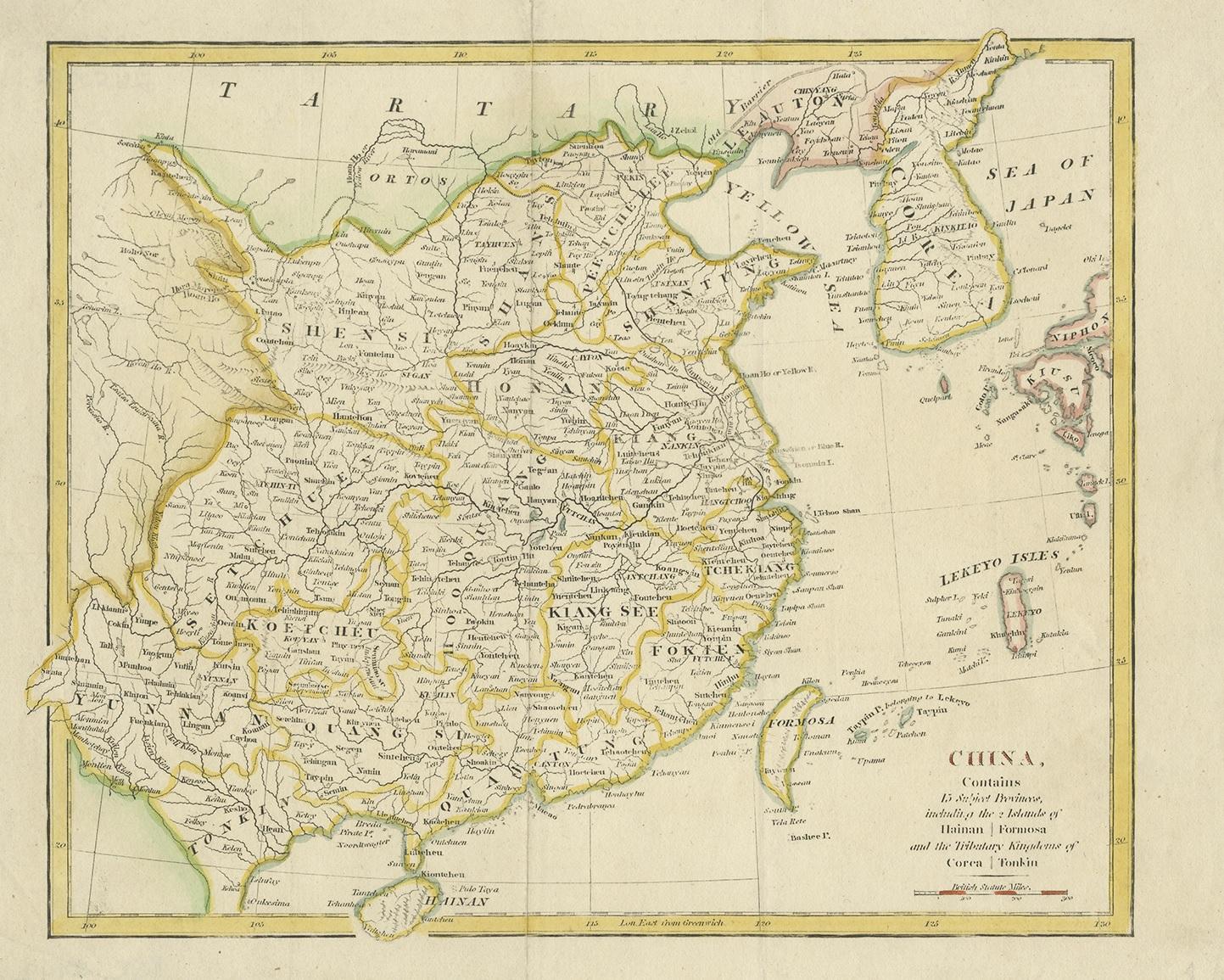 Antique map titled 'China, Contains 15 Subject Provinces Including the 2 Islands of Hainan, Formosa and the Tributary Kingdoms of Korea, Tonkin'. Old map depicting China, extending from Korea and the Sea of Japan to Teypin Island in the south.
