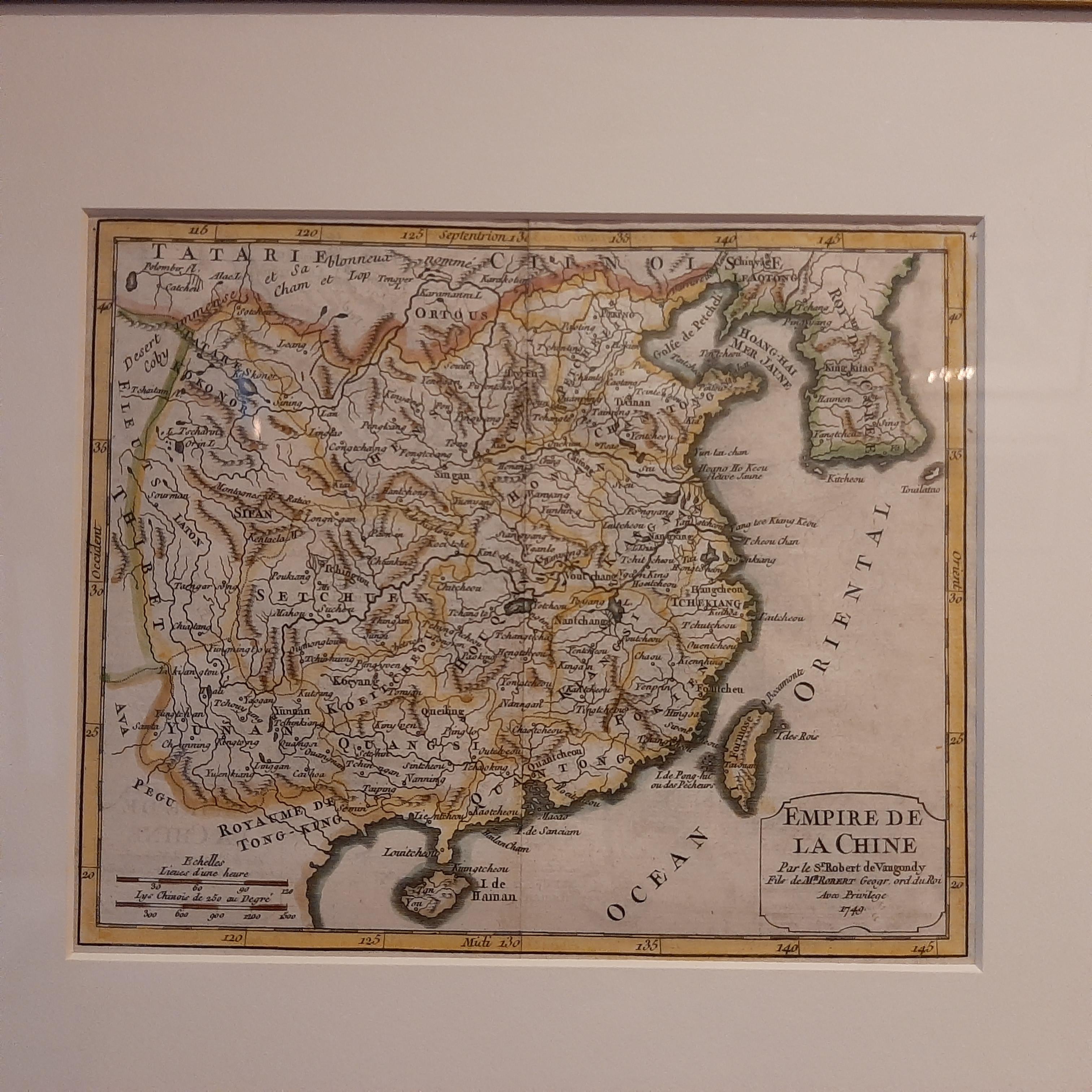 Antique map titled 'Empire de la Chine'. Beautiful map of China including Korea and Taiwan (Formosa). This map originates from 'Atlas Universel (..)' by Gilles Robert de Vaugondy, 1749. 

Frame included. We carefully pack our framed items to