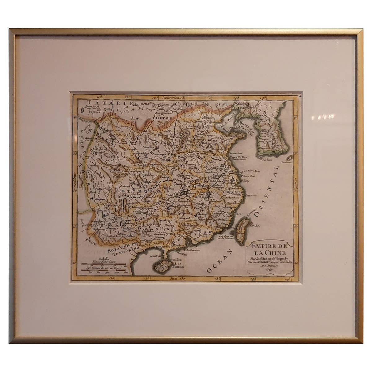 Antique Map of China Including Korea and Taiwan by Vaugondy, 1749
