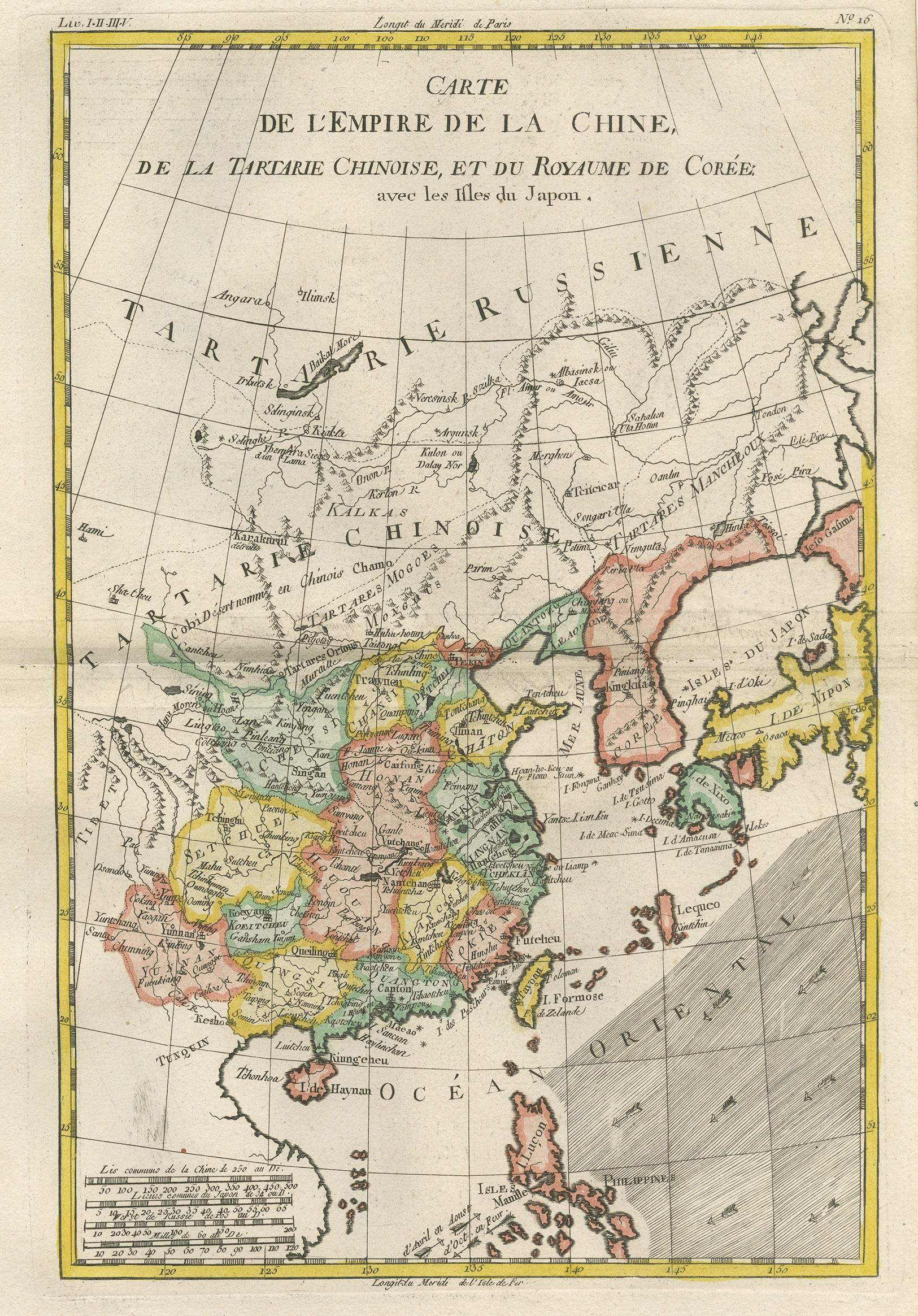 Antique map titled 'Carte de l'Empire de la Chine de la Tartarie Chinoise, et du Royaume de Corée'. Interesting and detailed map of China, Korea, Japan and the Northern Philippines. Published circa 1780.
