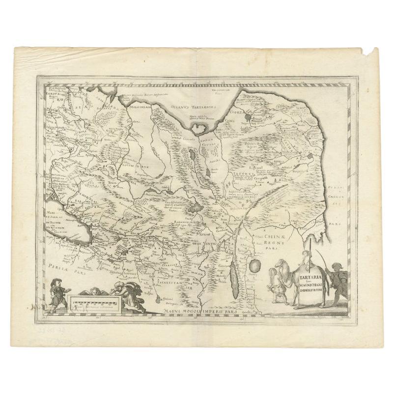Antique map titled ‘Tartaria sive Magnichami Imperiorum‘. Early map of Siberia based upon the journals of Marco Polo. The map covers from the Caspian Sea and the Volga River east as far as the China Sea and the city of Xanadu. It extends north to