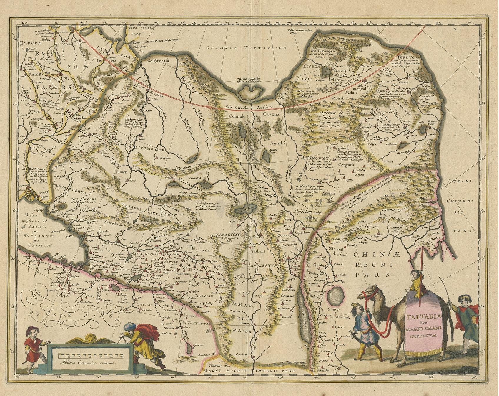 Antique map titled ‘Tartaria sive Magnichami Imperiorum‘. Early map of Siberia based upon the journals of Marco Polo. The map covers from the Caspian Sea and the Volga River east as far as the China Sea and the city of Xanadu. It extends north to