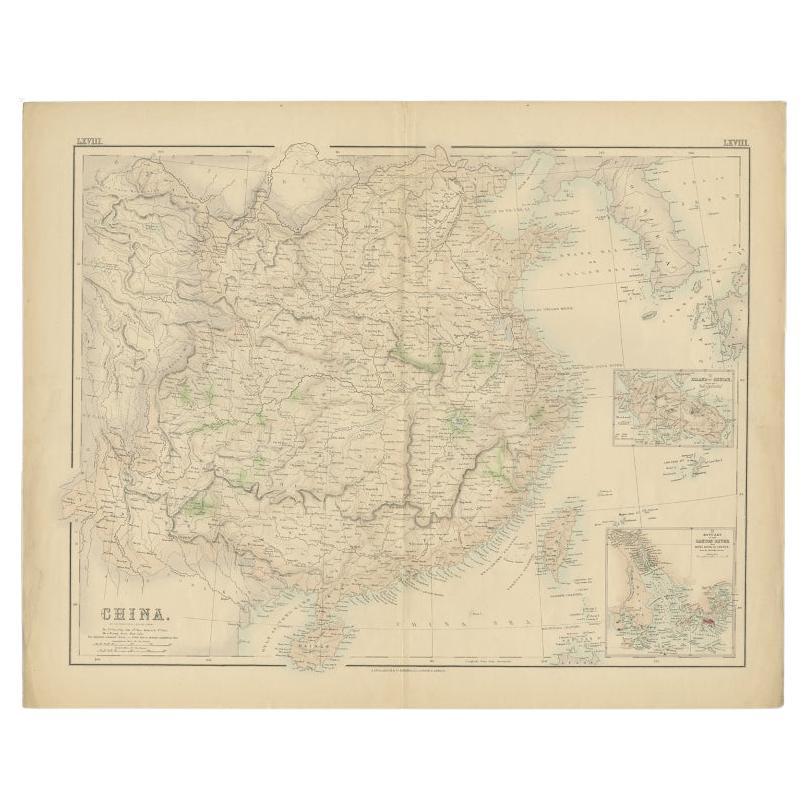 Antique Map of China with insets the Island of Chusan and Canton River, c.1860 For Sale