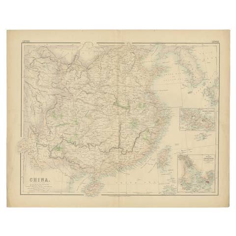 Antique Map of China with insets the Island of Chusan and Canton River, c.1860