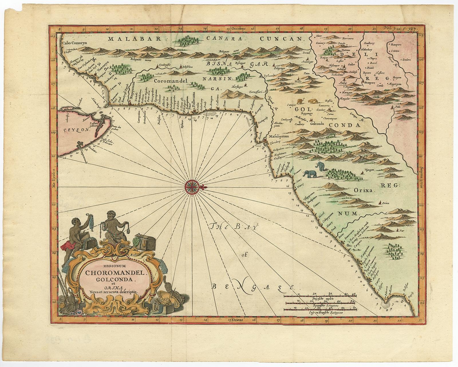 Carte ancienne de Choromandel, Golconda et Orixa, Malabar, Inde, 1744 Bon état - En vente à Langweer, NL