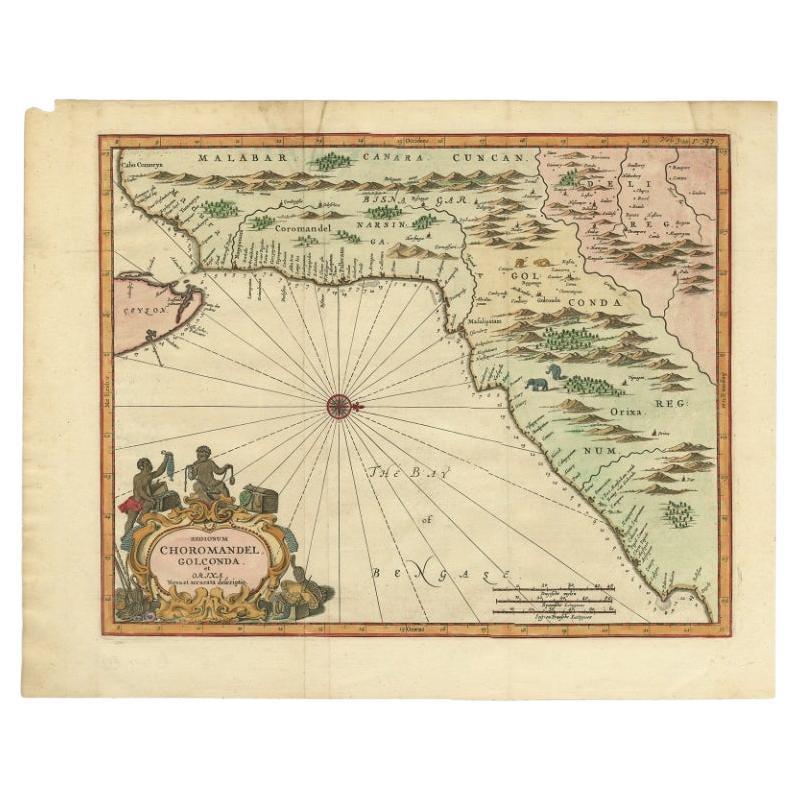 Antique Map of Choromandel, Golconda and Orixa, Malabar, India, 1744 For Sale